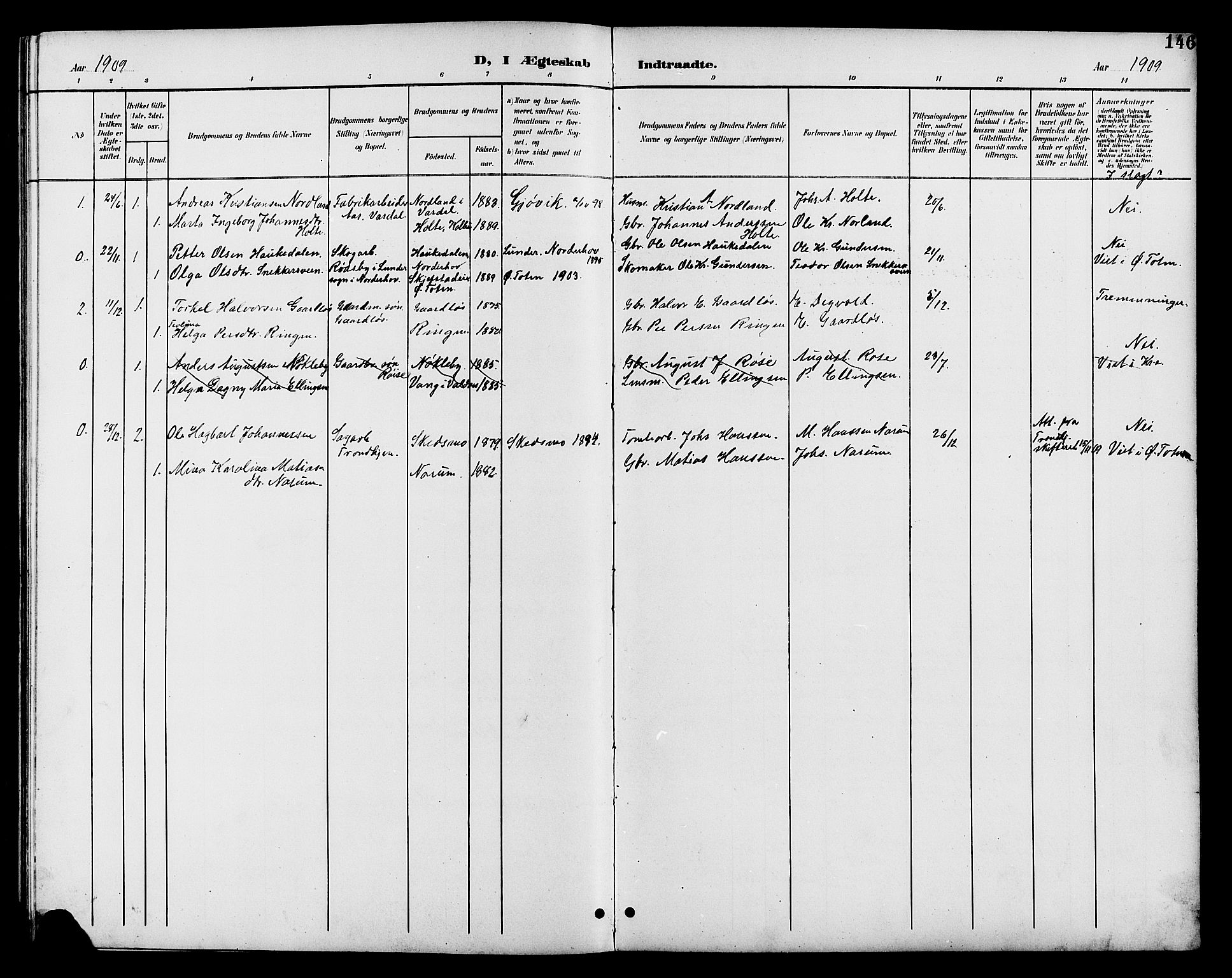 Vestre Toten prestekontor, SAH/PREST-108/H/Ha/Hab/L0011: Parish register (copy) no. 11, 1901-1911, p. 146