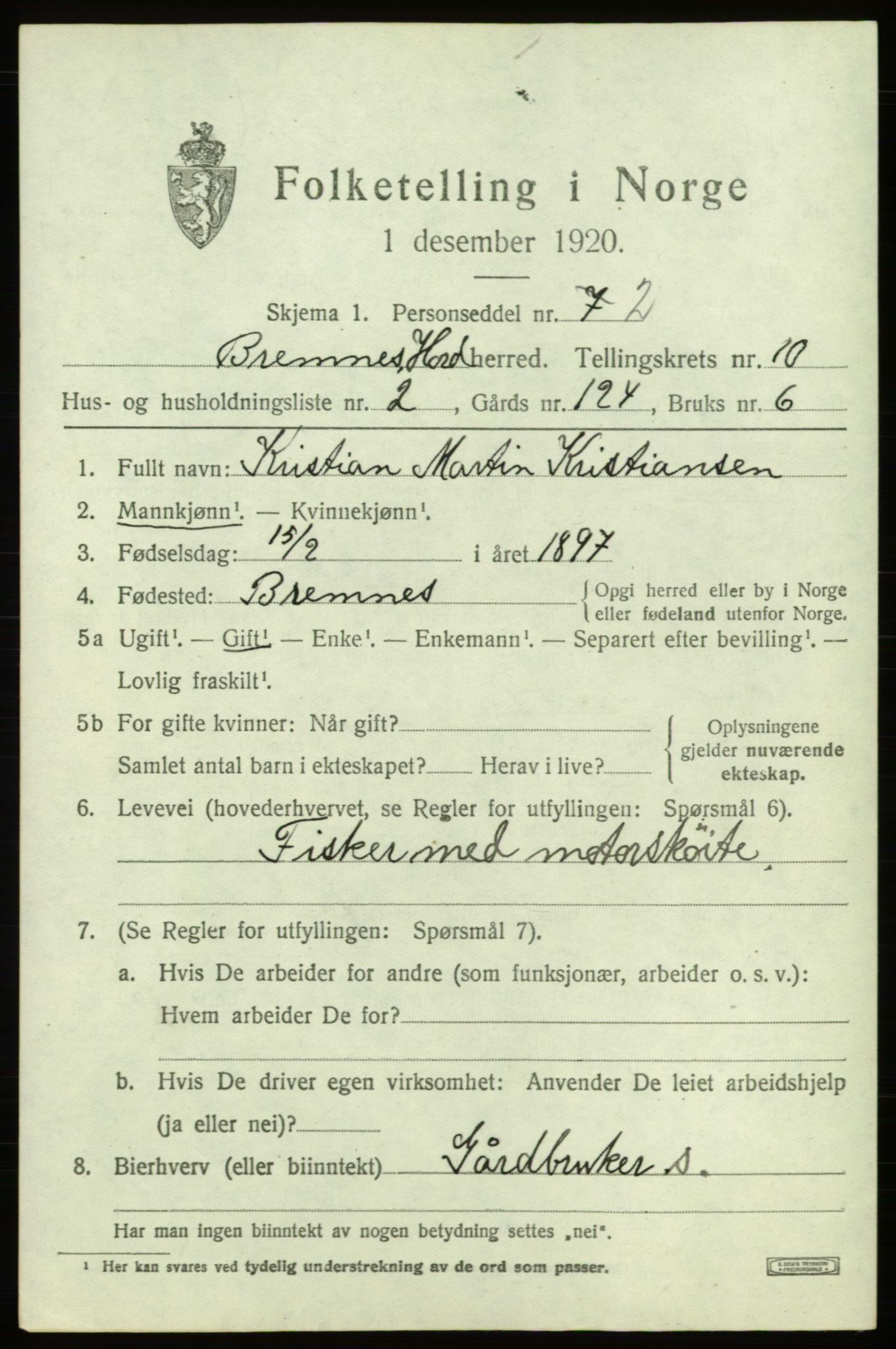 SAB, 1920 census for Bremnes, 1920, p. 6368