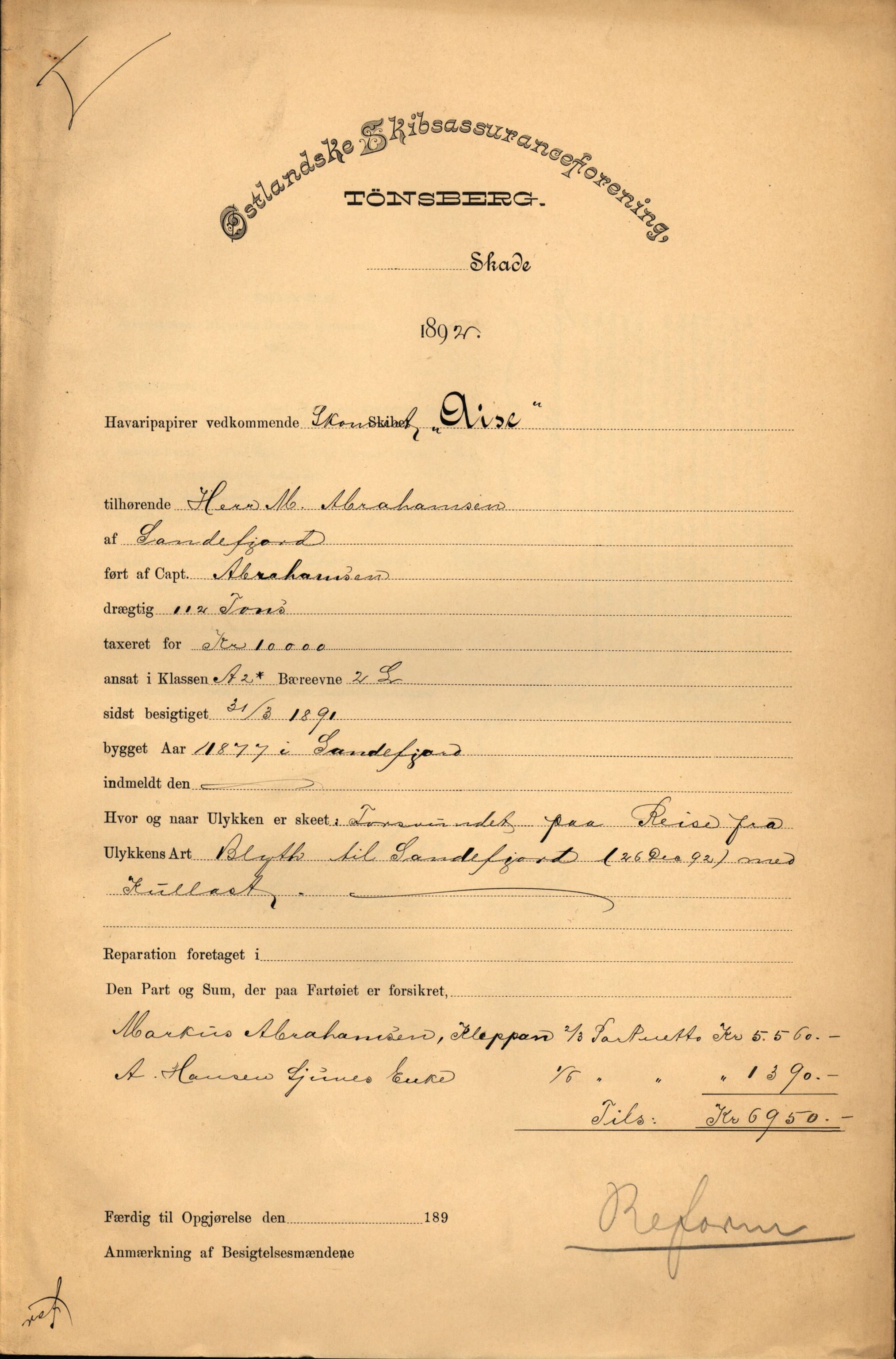 Pa 63 - Østlandske skibsassuranceforening, VEMU/A-1079/G/Ga/L0029/0007: Havaridokumenter / Diamant, Foldin, Aise, Florida, Flora, 1892, p. 115