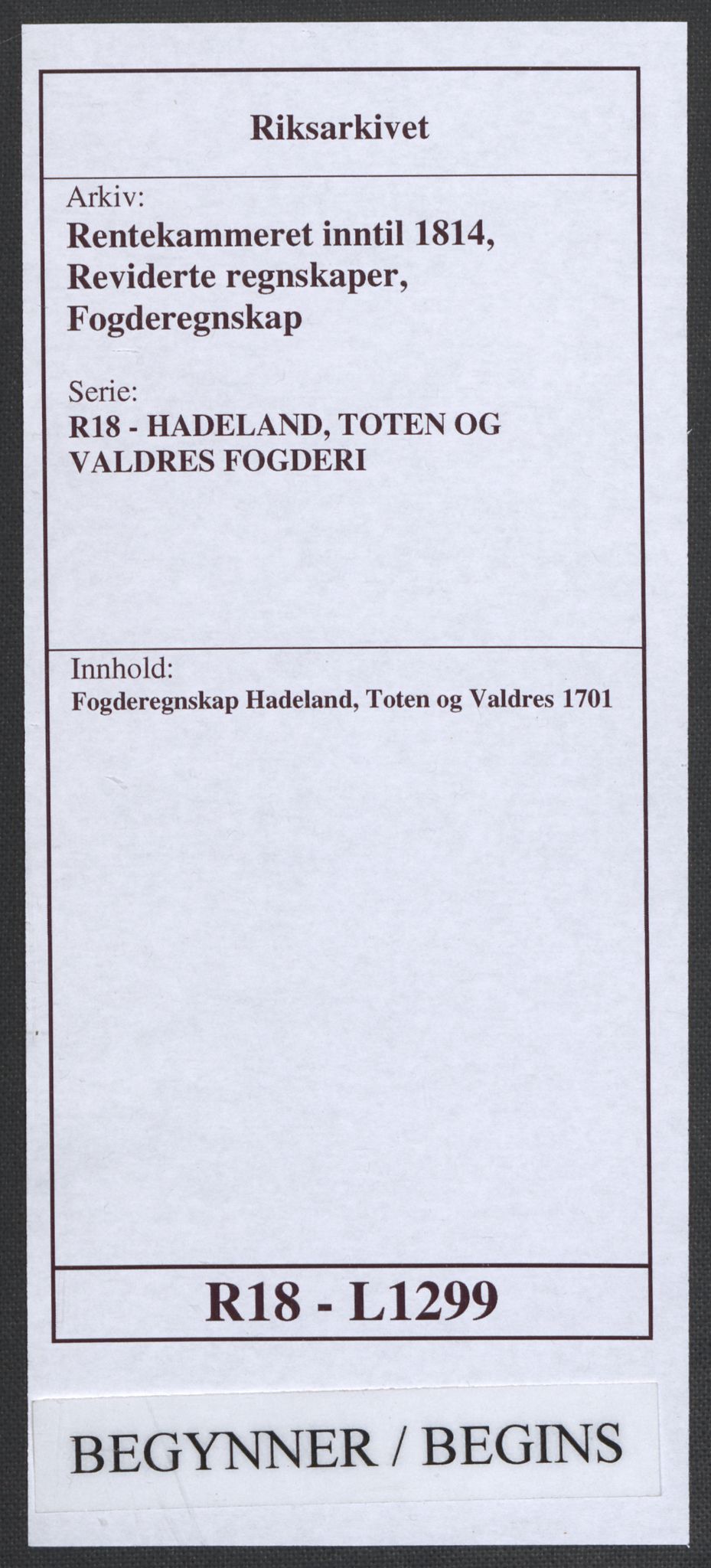 Rentekammeret inntil 1814, Reviderte regnskaper, Fogderegnskap, AV/RA-EA-4092/R18/L1299: Fogderegnskap Hadeland, Toten og Valdres, 1701, p. 1