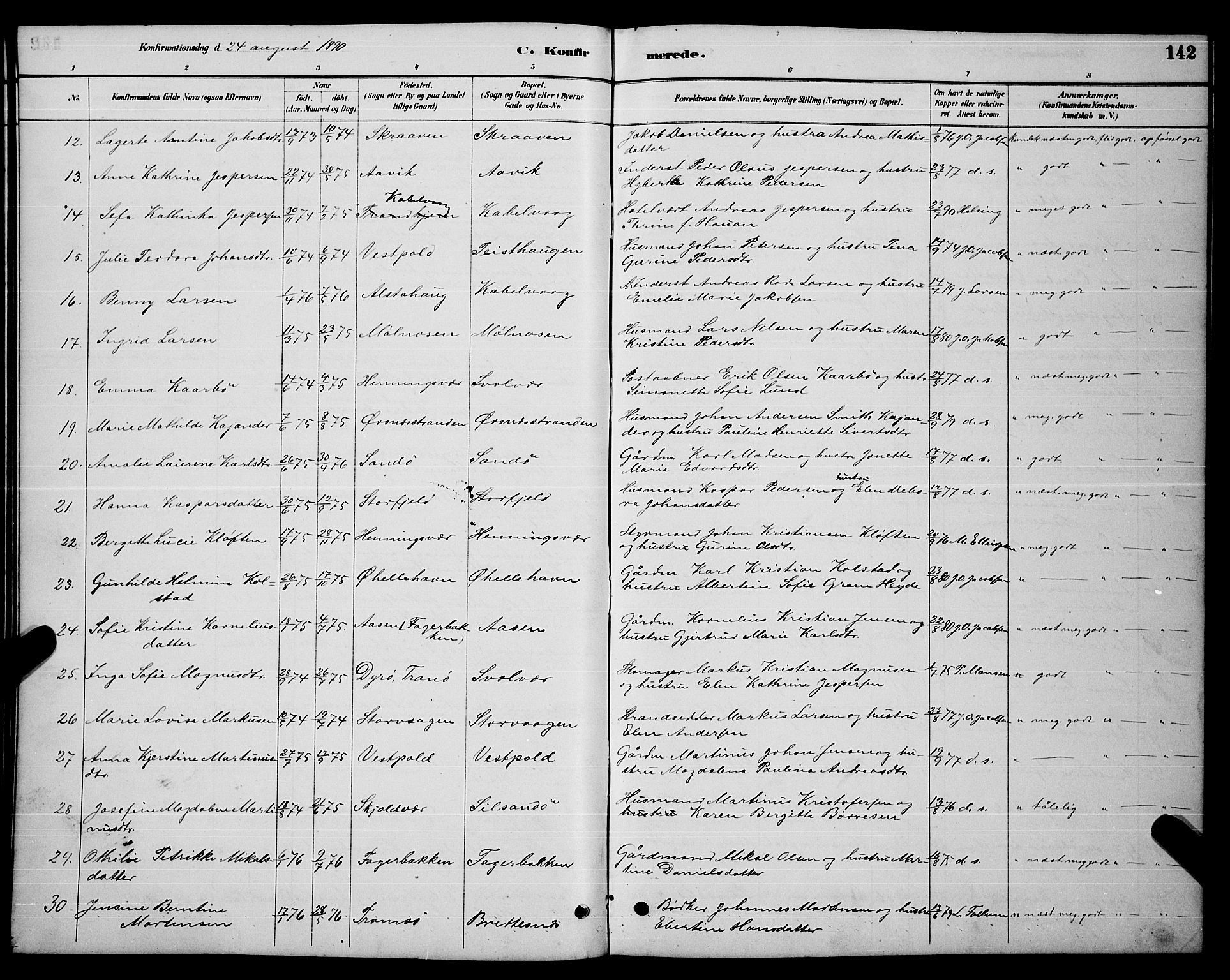 Ministerialprotokoller, klokkerbøker og fødselsregistre - Nordland, AV/SAT-A-1459/874/L1076: Parish register (copy) no. 874C05, 1884-1890, p. 142
