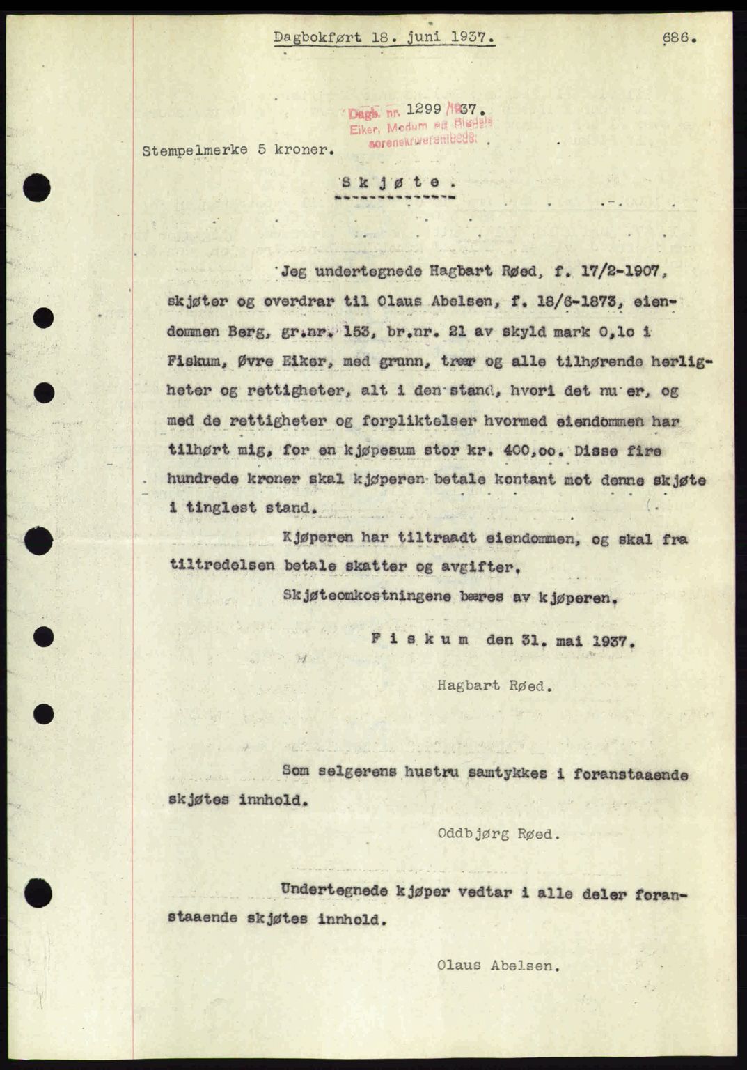 Eiker, Modum og Sigdal sorenskriveri, SAKO/A-123/G/Ga/Gab/L0035: Mortgage book no. A5, 1937-1937, Diary no: : 1299/1937
