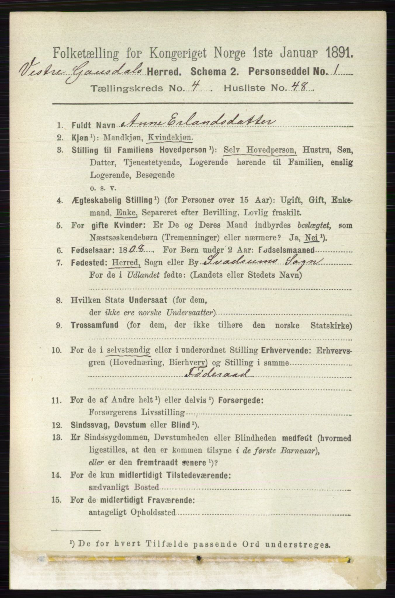 RA, 1891 census for 0523 Vestre Gausdal, 1891, p. 1978