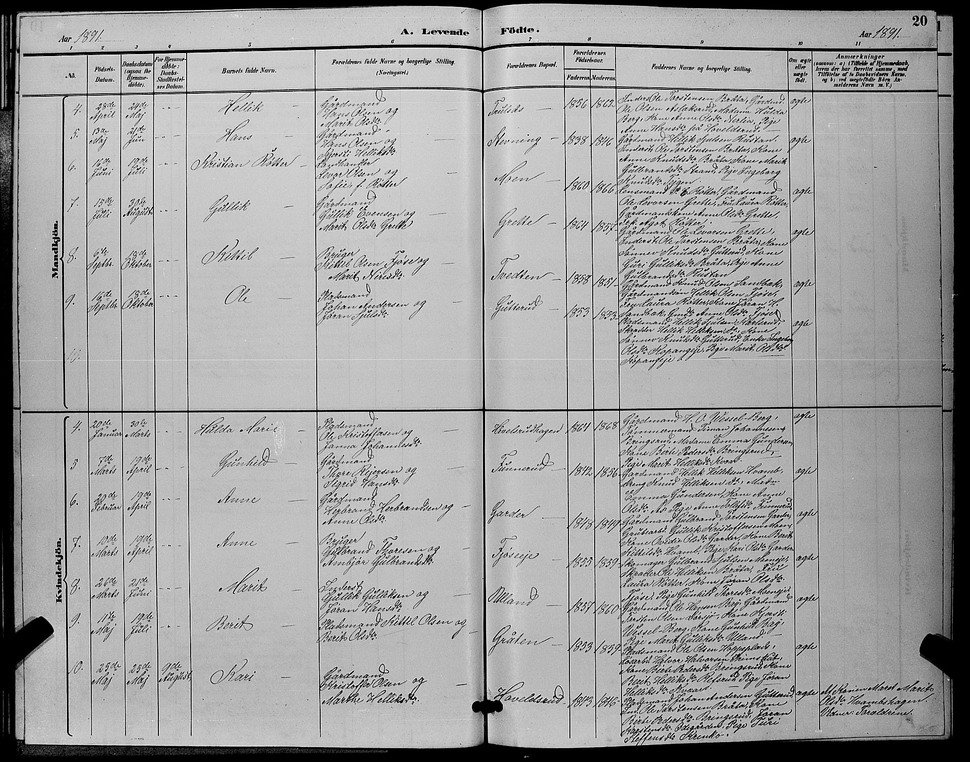 Flesberg kirkebøker, AV/SAKO-A-18/G/Ga/L0004: Parish register (copy) no. I 4 /2, 1890-1898, p. 20