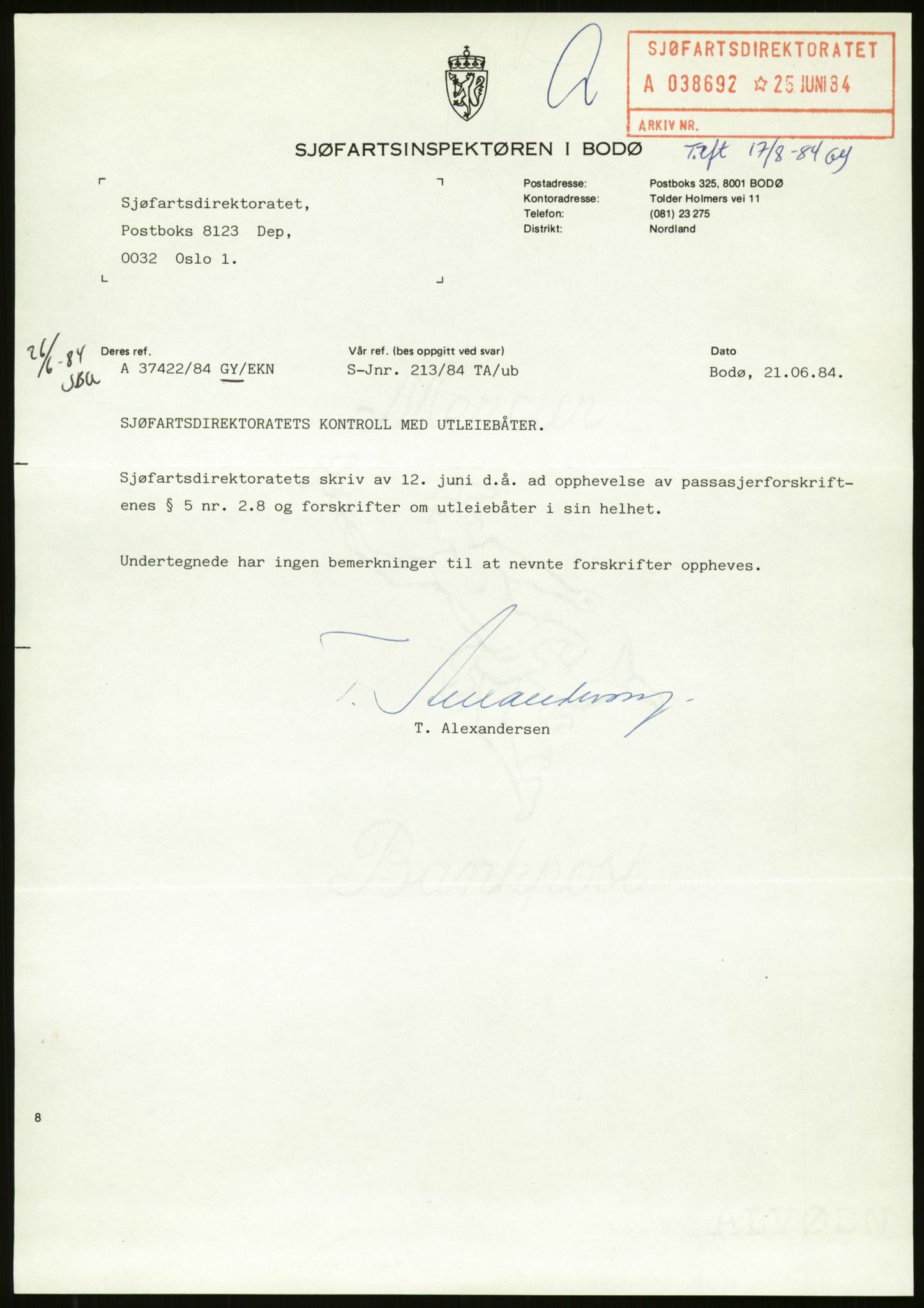 Sjøfartsdirektoratet med forløpere, generelt arkiv, AV/RA-S-1407/D/Du/Duc/L0642/0001: Skipskontrollen - Forskrifter / Forskrift om utleiebåter (2 mapper), 1978-1987, p. 459