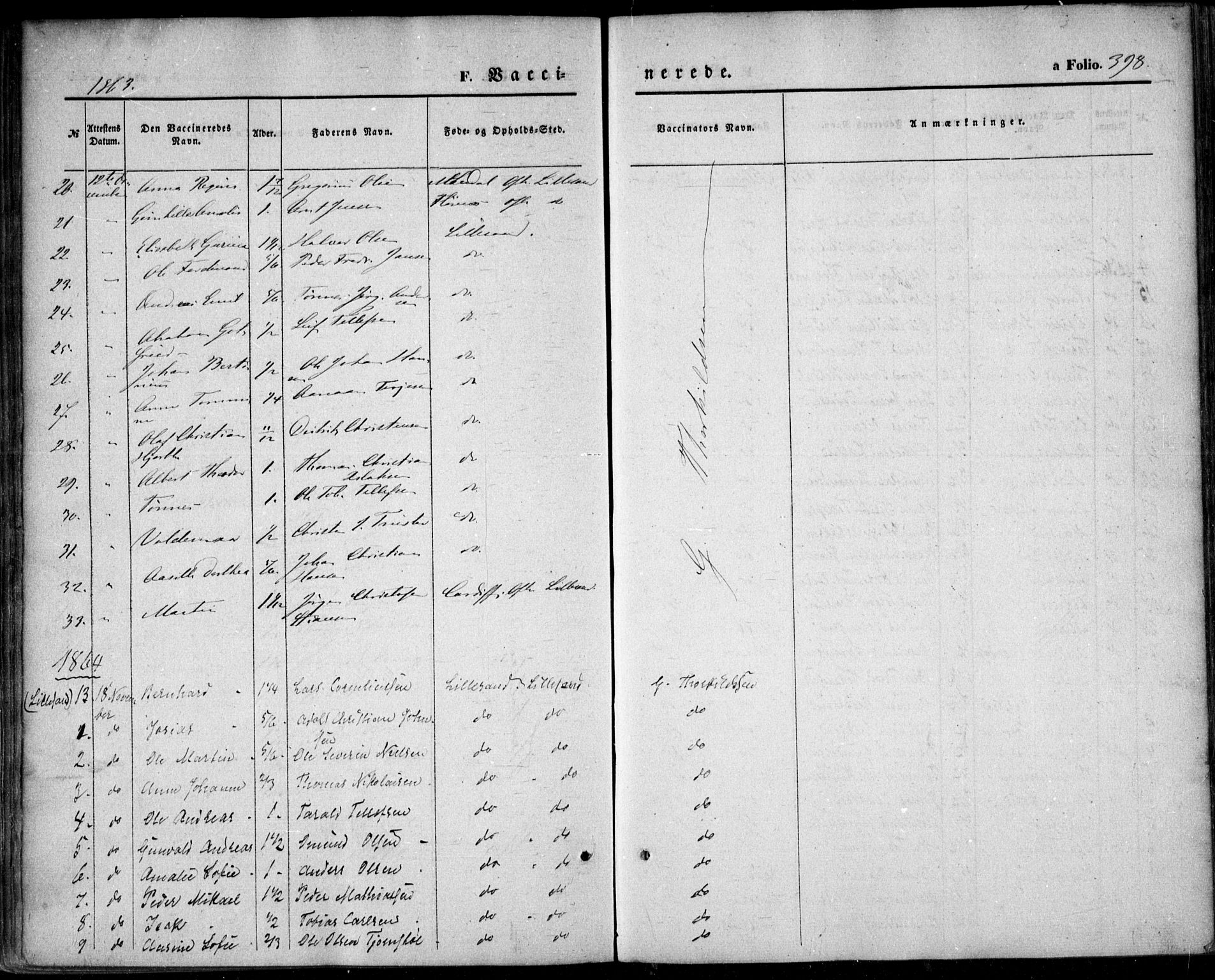 Vestre Moland sokneprestkontor, SAK/1111-0046/F/Fa/Fab/L0007: Parish register (official) no. A 7, 1859-1872, p. 398
