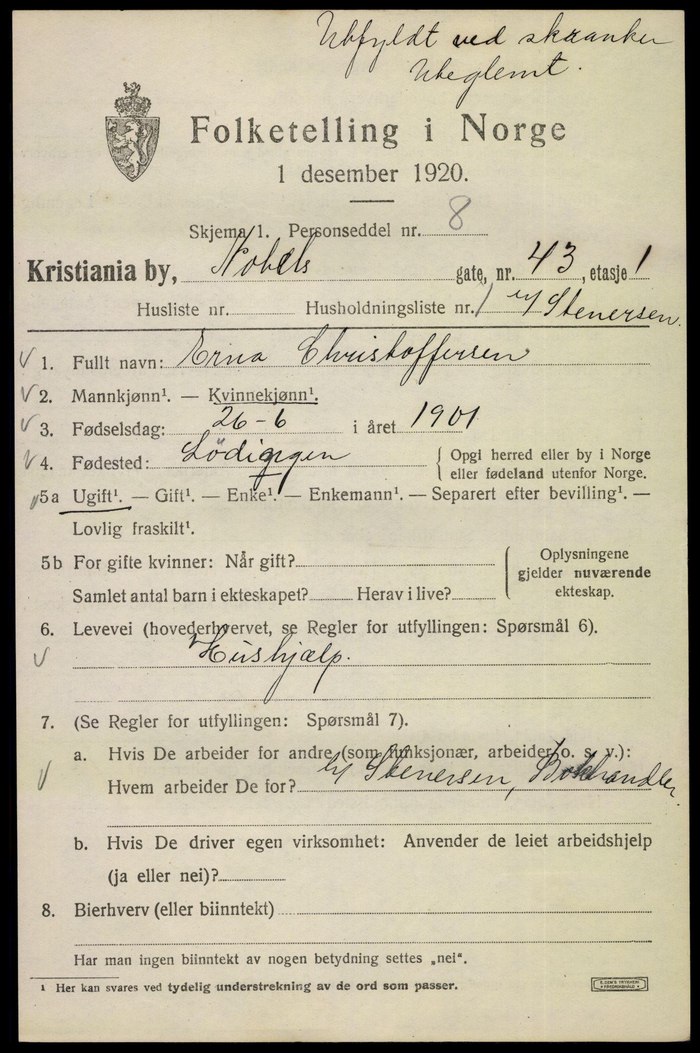 SAO, 1920 census for Kristiania, 1920, p. 418053