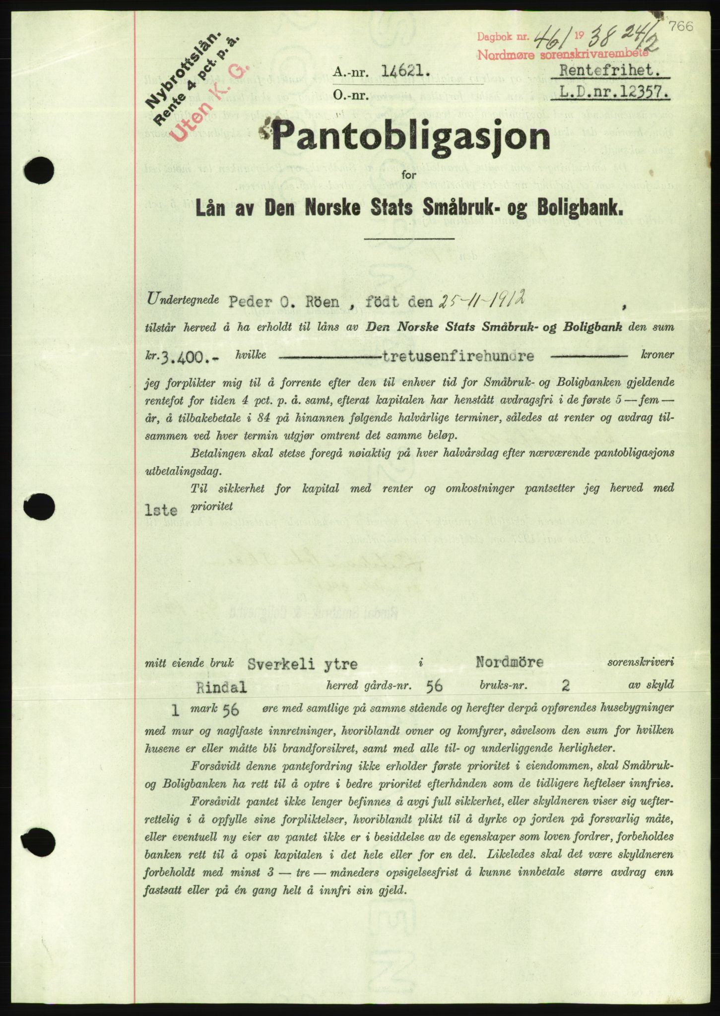 Nordmøre sorenskriveri, AV/SAT-A-4132/1/2/2Ca/L0092: Mortgage book no. B82, 1937-1938, Diary no: : 461/1938