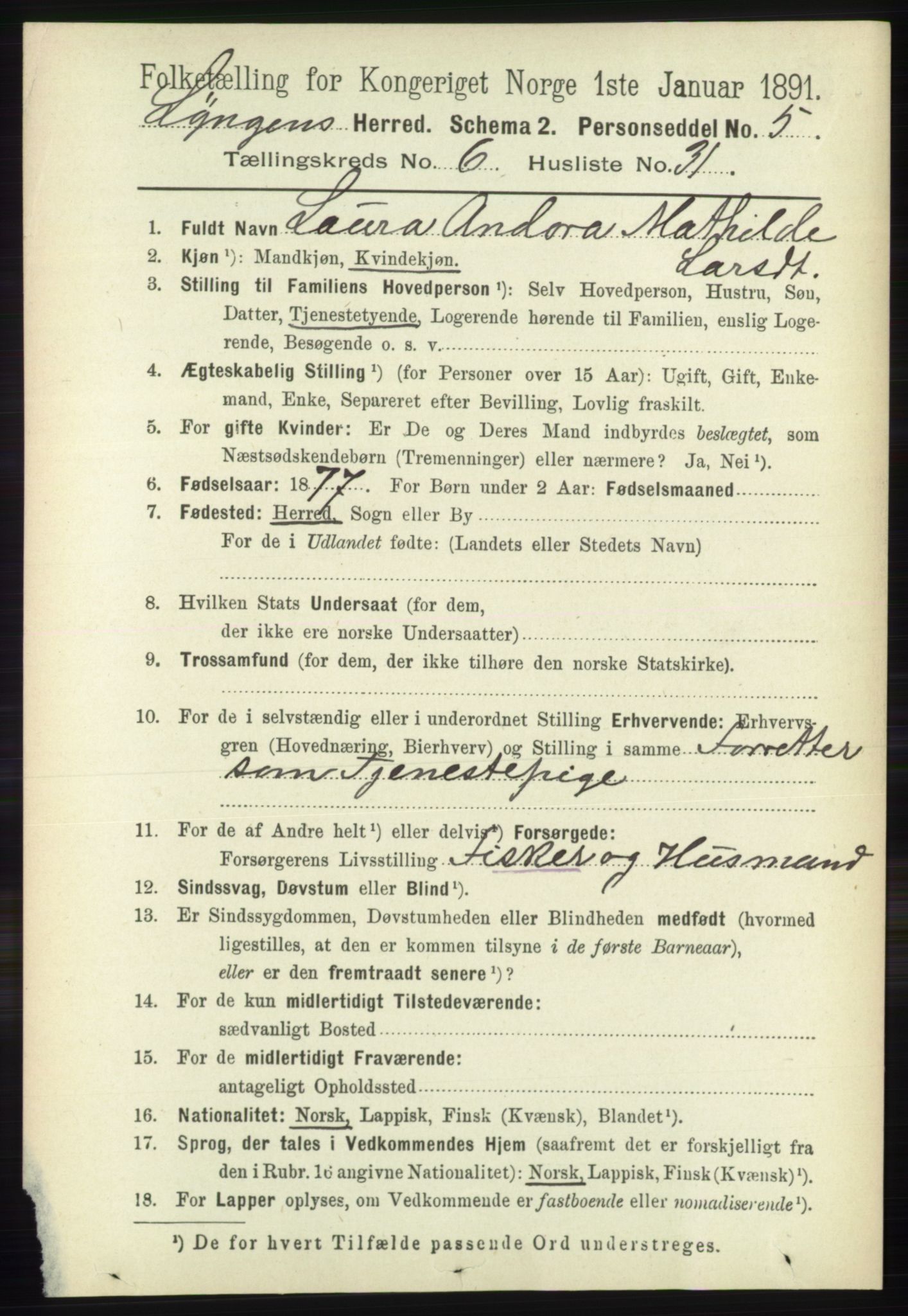 RA, 1891 census for 1938 Lyngen, 1891, p. 5474