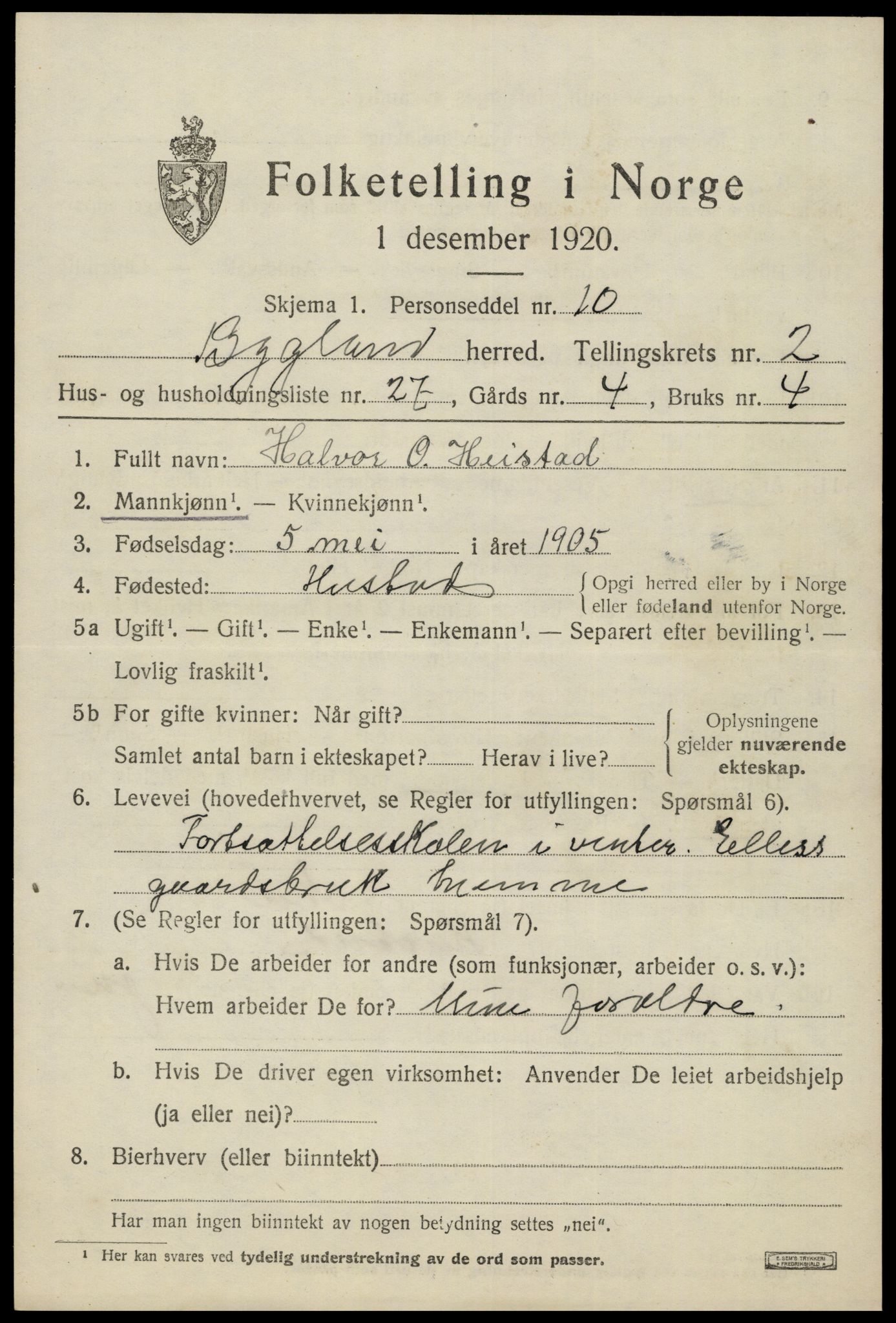 SAK, 1920 census for Bygland, 1920, p. 1451