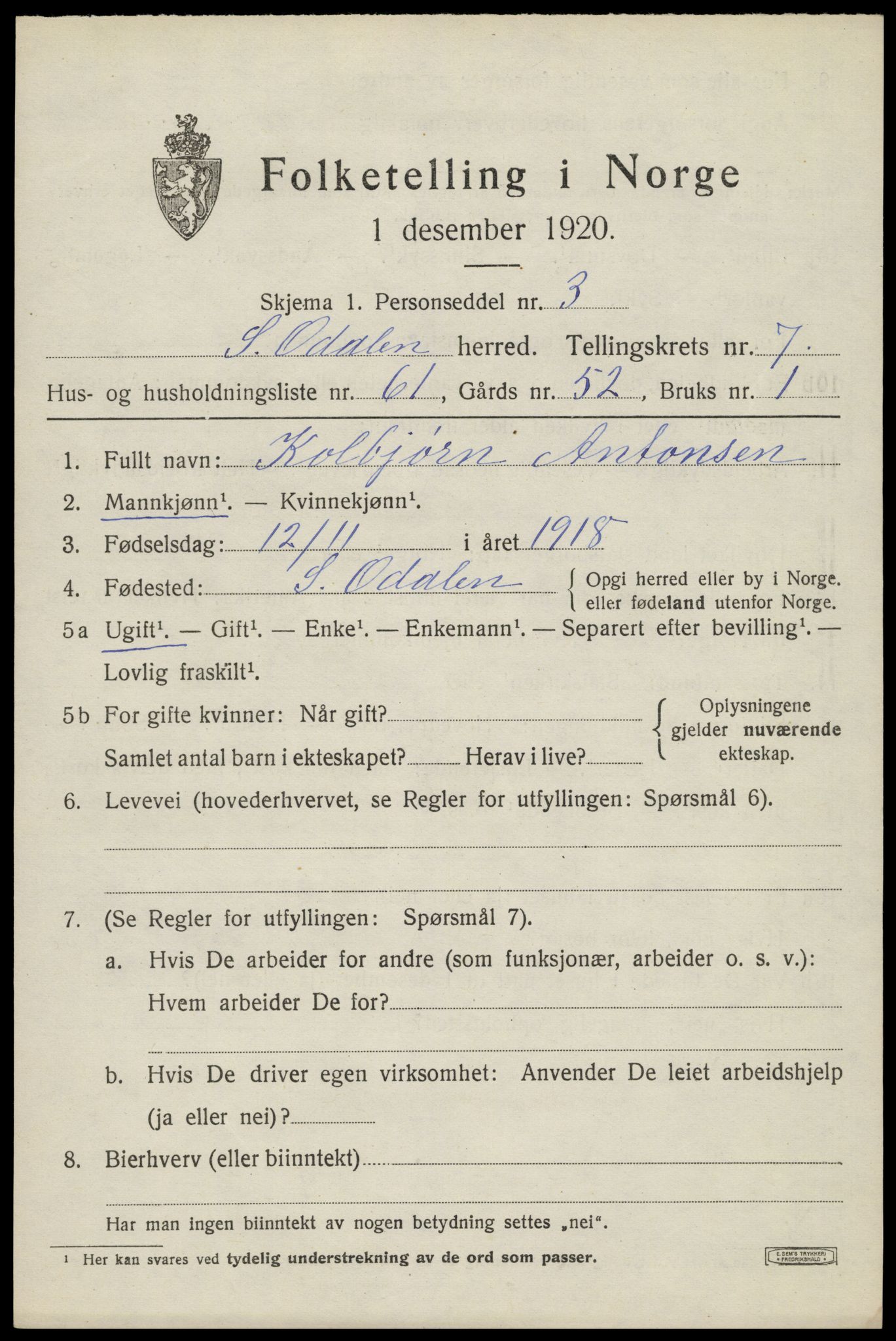 SAH, 1920 census for Sør-Odal, 1920, p. 9279