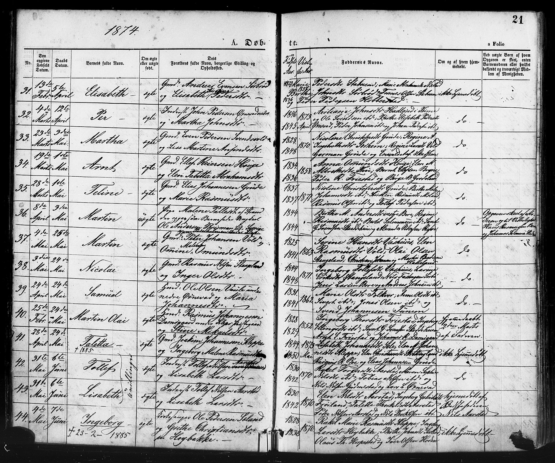 Klepp sokneprestkontor, AV/SAST-A-101803/001/3/30BA/L0006: Parish register (official) no. A 6, 1871-1885, p. 21