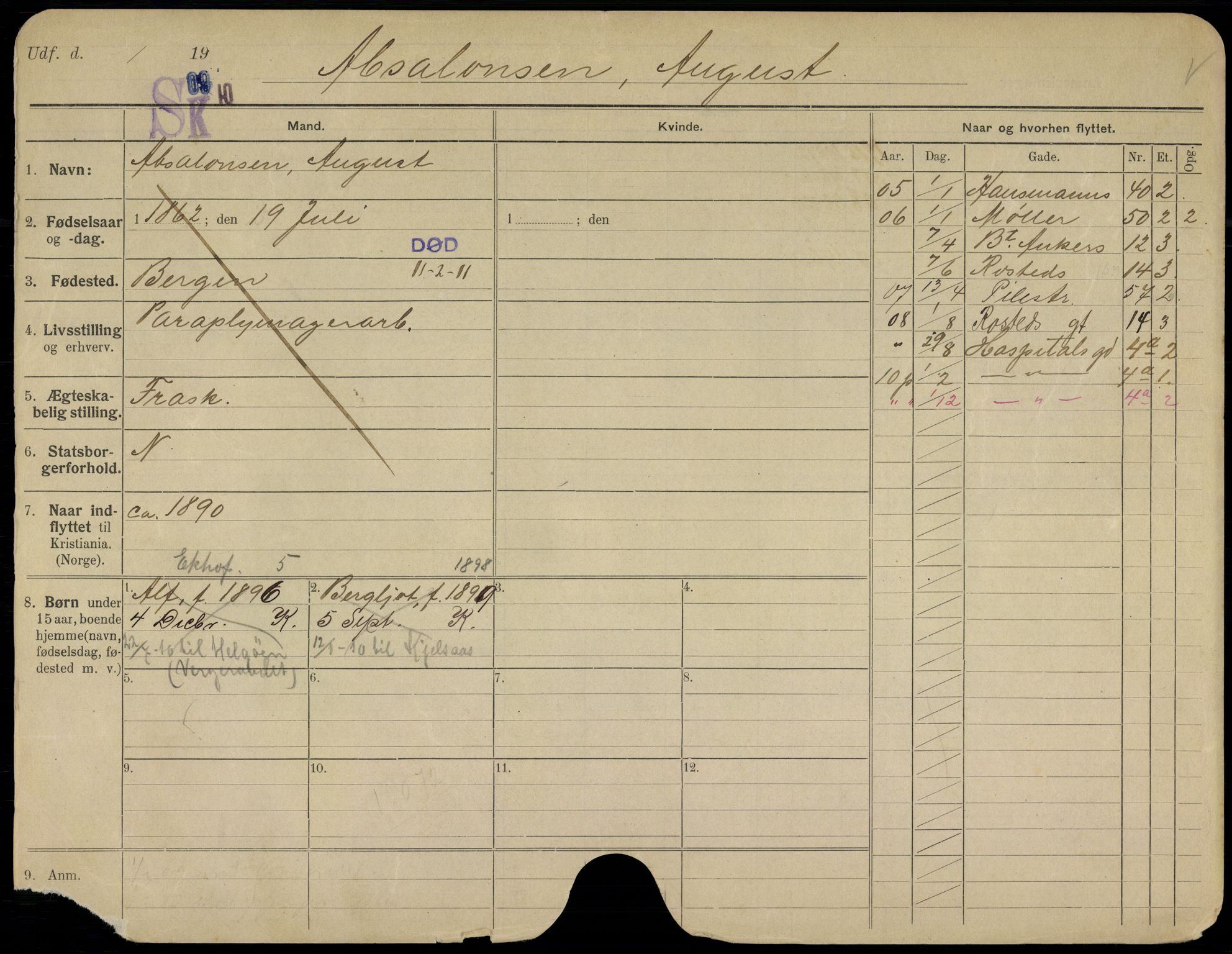 Oslo folkeregister, Registerkort, SAO/A-11715/G/Gb/L0011: Menn, 1911