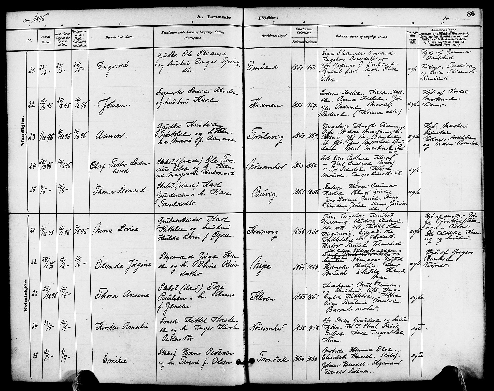 Søndeled sokneprestkontor, SAK/1111-0038/F/Fa/L0005: Parish register (official) no. A 5, 1889-1899, p. 86