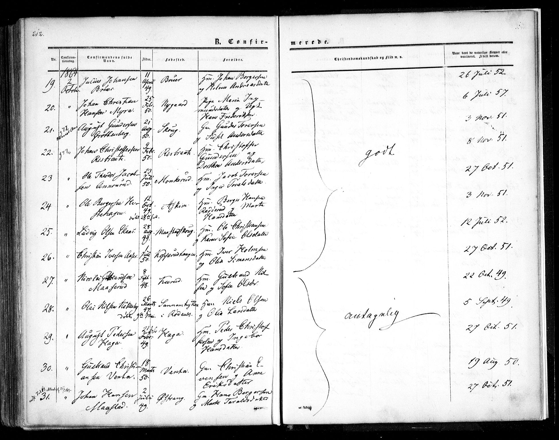 Trøgstad prestekontor Kirkebøker, AV/SAO-A-10925/F/Fa/L0008.a: Parish register (official) no. I 8A, 1855-1864, p. 212