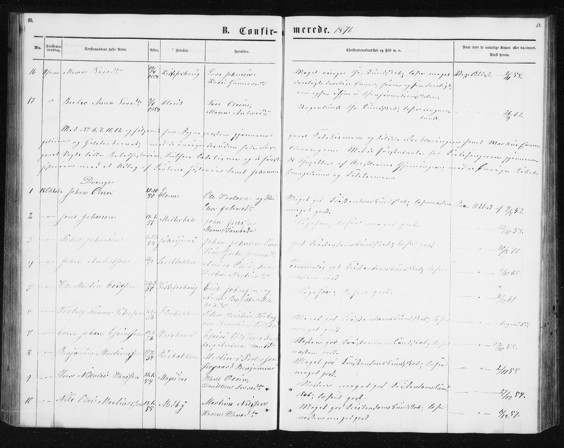 Ibestad sokneprestembete, AV/SATØ-S-0077/H/Ha/Hab/L0013klokker: Parish register (copy) no. 13, 1865-1879, p. 94