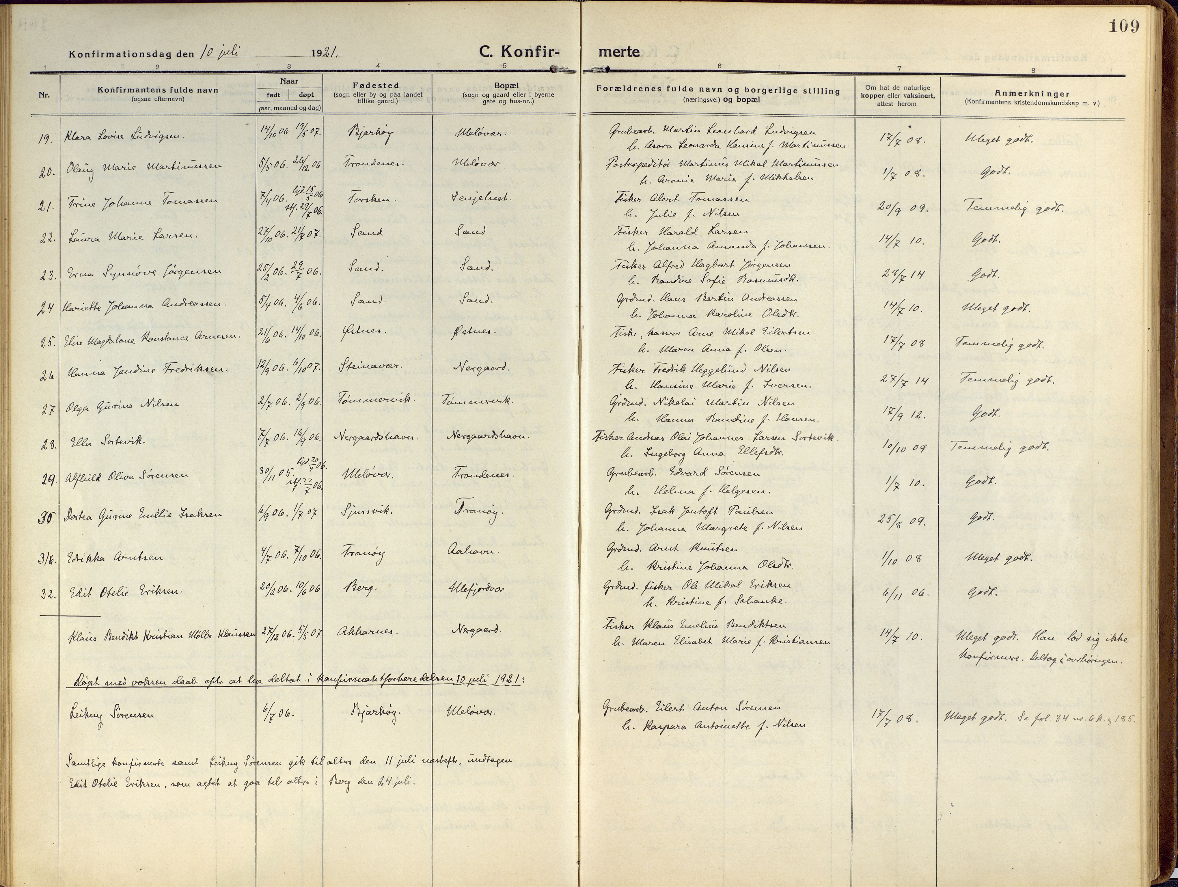 Sand/Bjarkøy sokneprestkontor, SATØ/S-0811/I/Ia/Iaa/L0006kirke: Parish register (official) no. 6, 1915-1929, p. 109