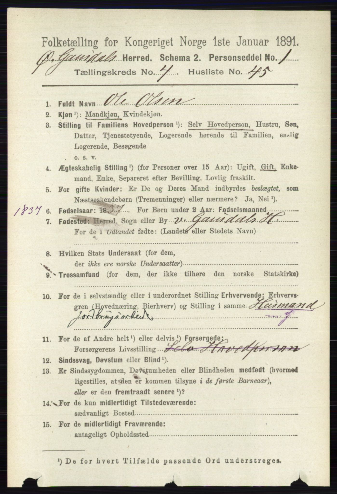 RA, 1891 census for 0522 Østre Gausdal, 1891, p. 2801