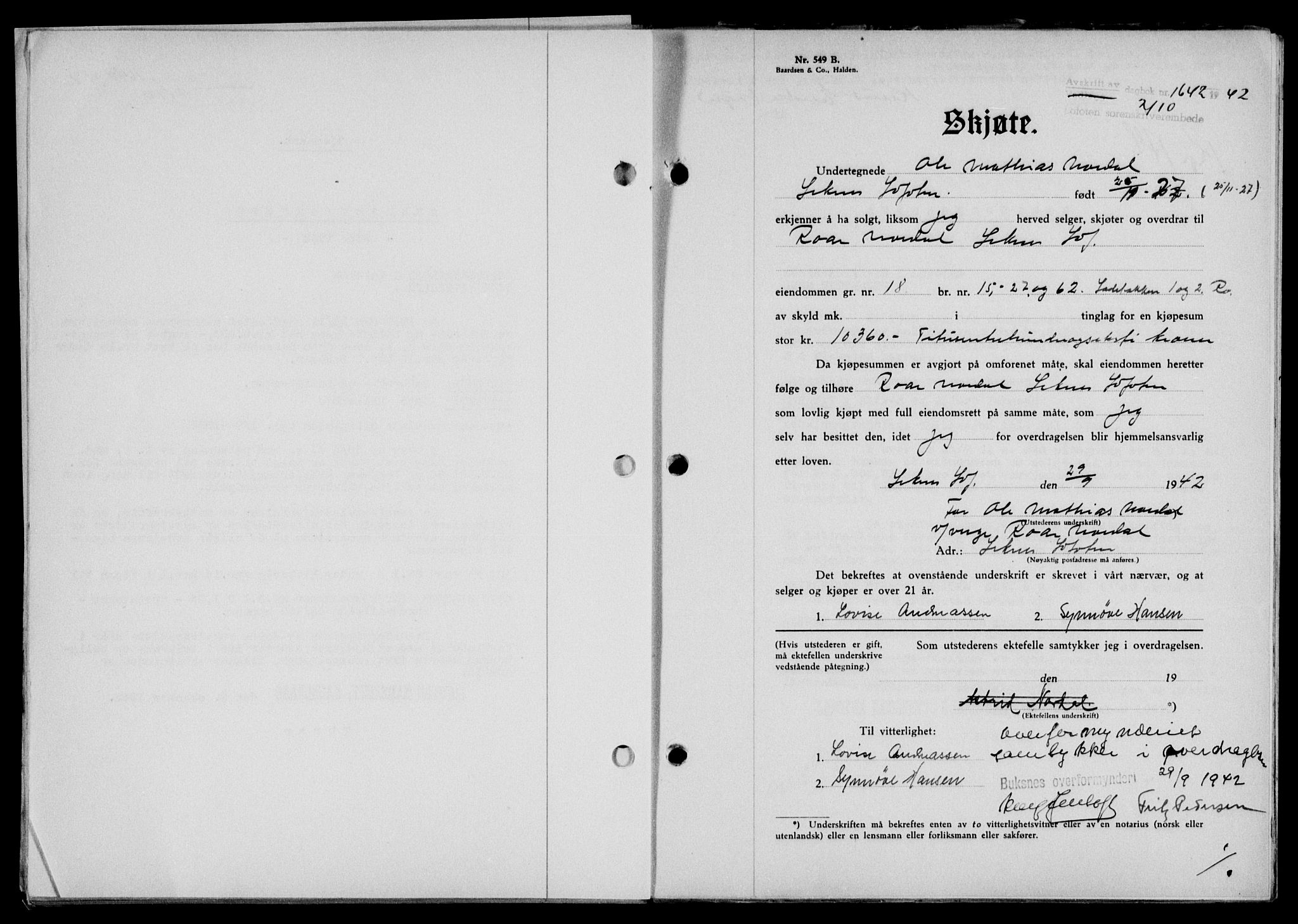 Lofoten sorenskriveri, SAT/A-0017/1/2/2C/L0010a: Mortgage book no. 10a, 1942-1943, Diary no: : 1642/1942