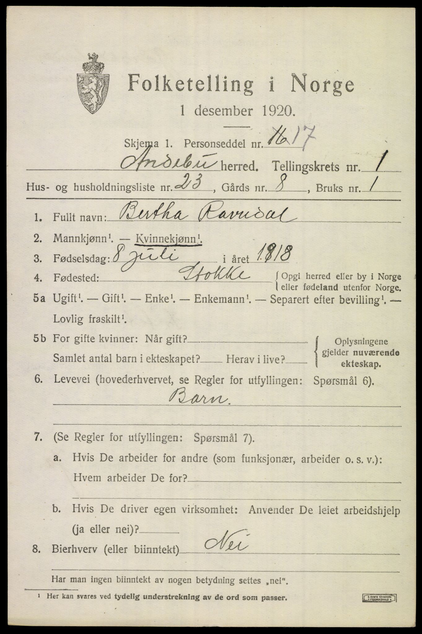 SAKO, 1920 census for Andebu, 1920, p. 1482