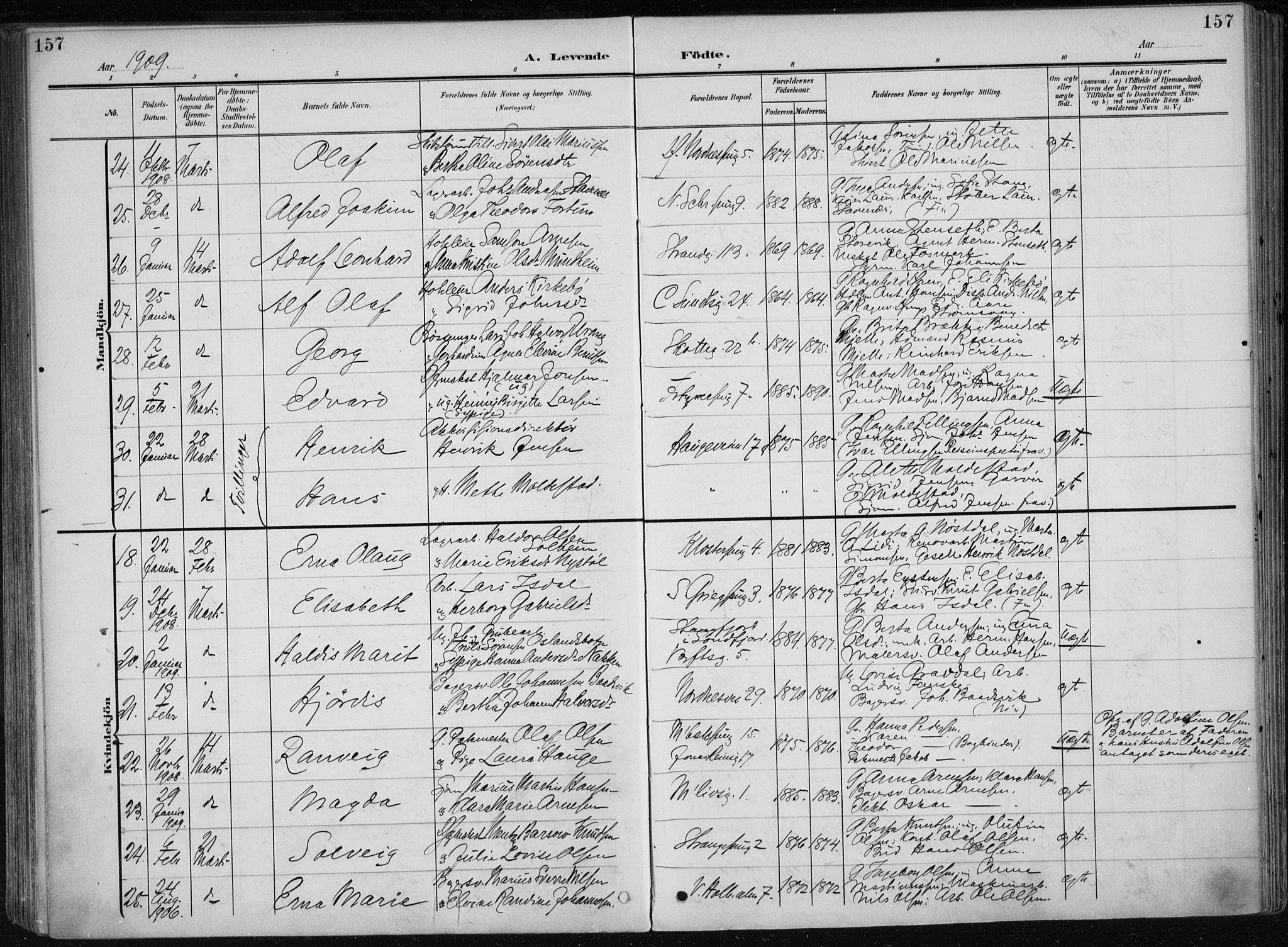 Nykirken Sokneprestembete, AV/SAB-A-77101/H/Haa/L0019: Parish register (official) no. B 7, 1904-1916, p. 157