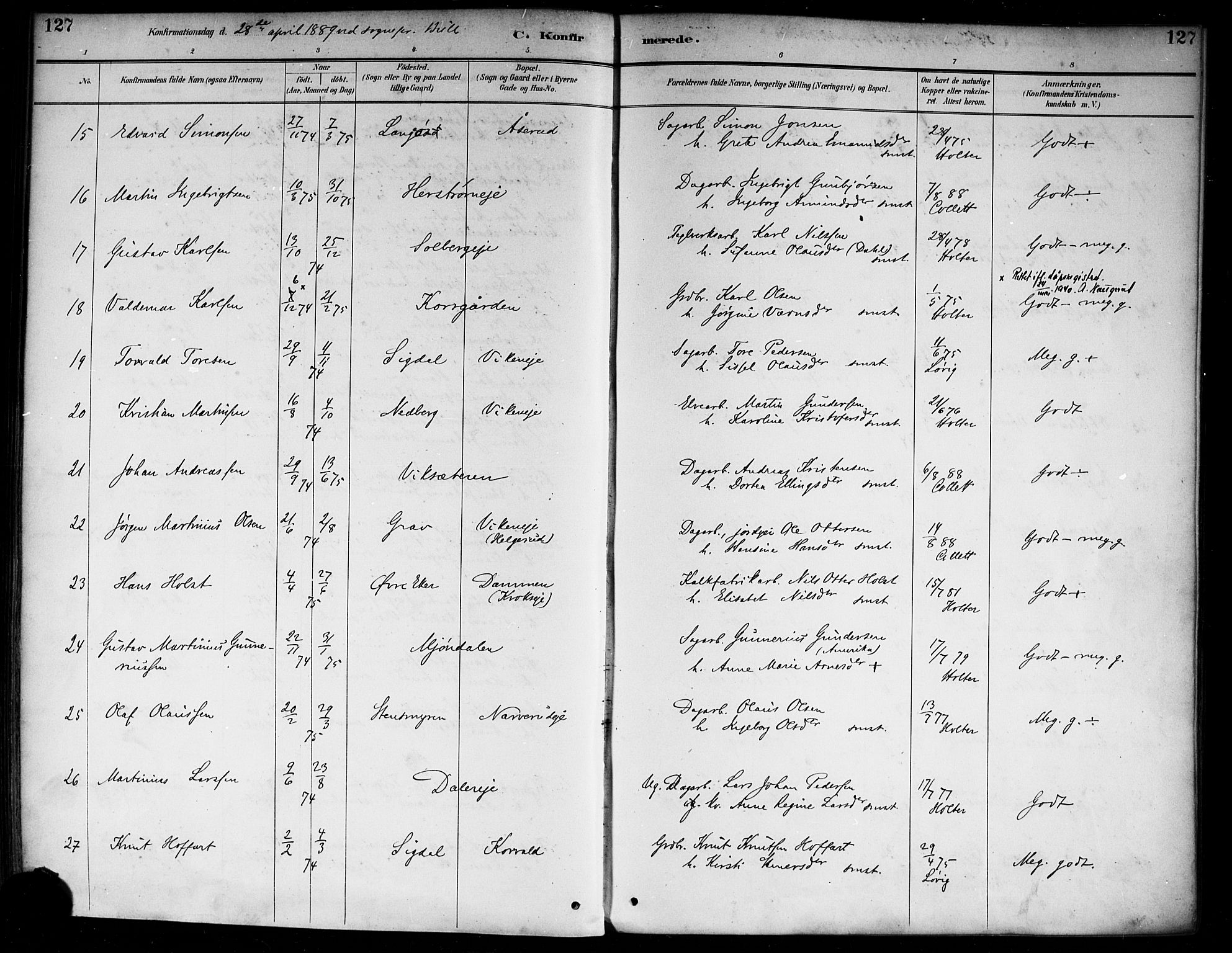 Nedre Eiker kirkebøker, AV/SAKO-A-612/F/Fa/L0003: Parish register (official) no. 3, 1885-1892, p. 127