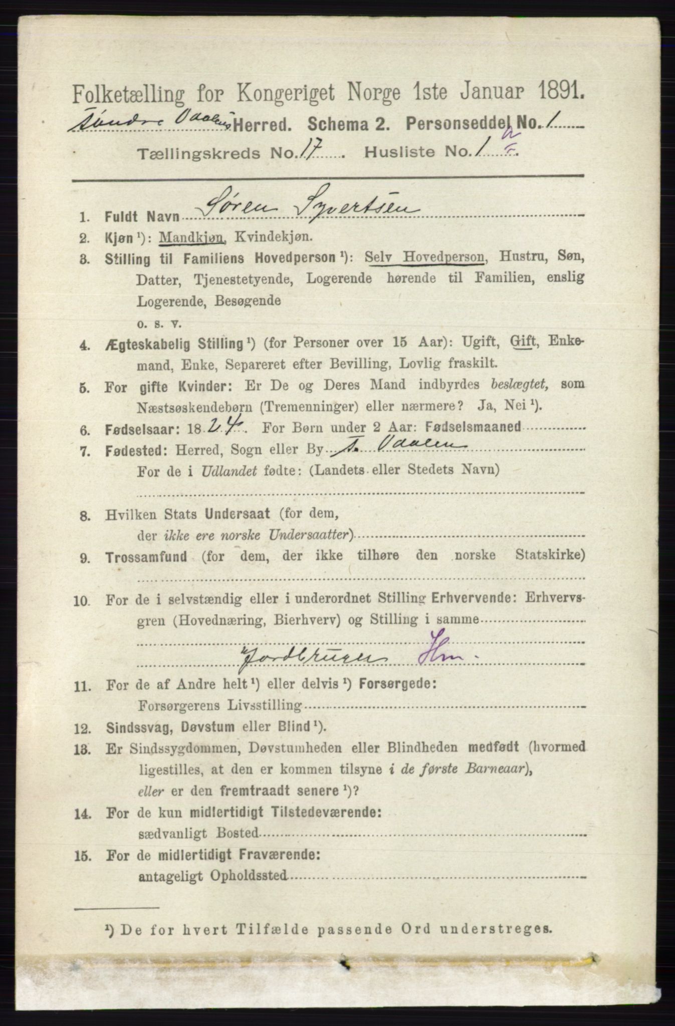 RA, 1891 census for 0419 Sør-Odal, 1891, p. 7836