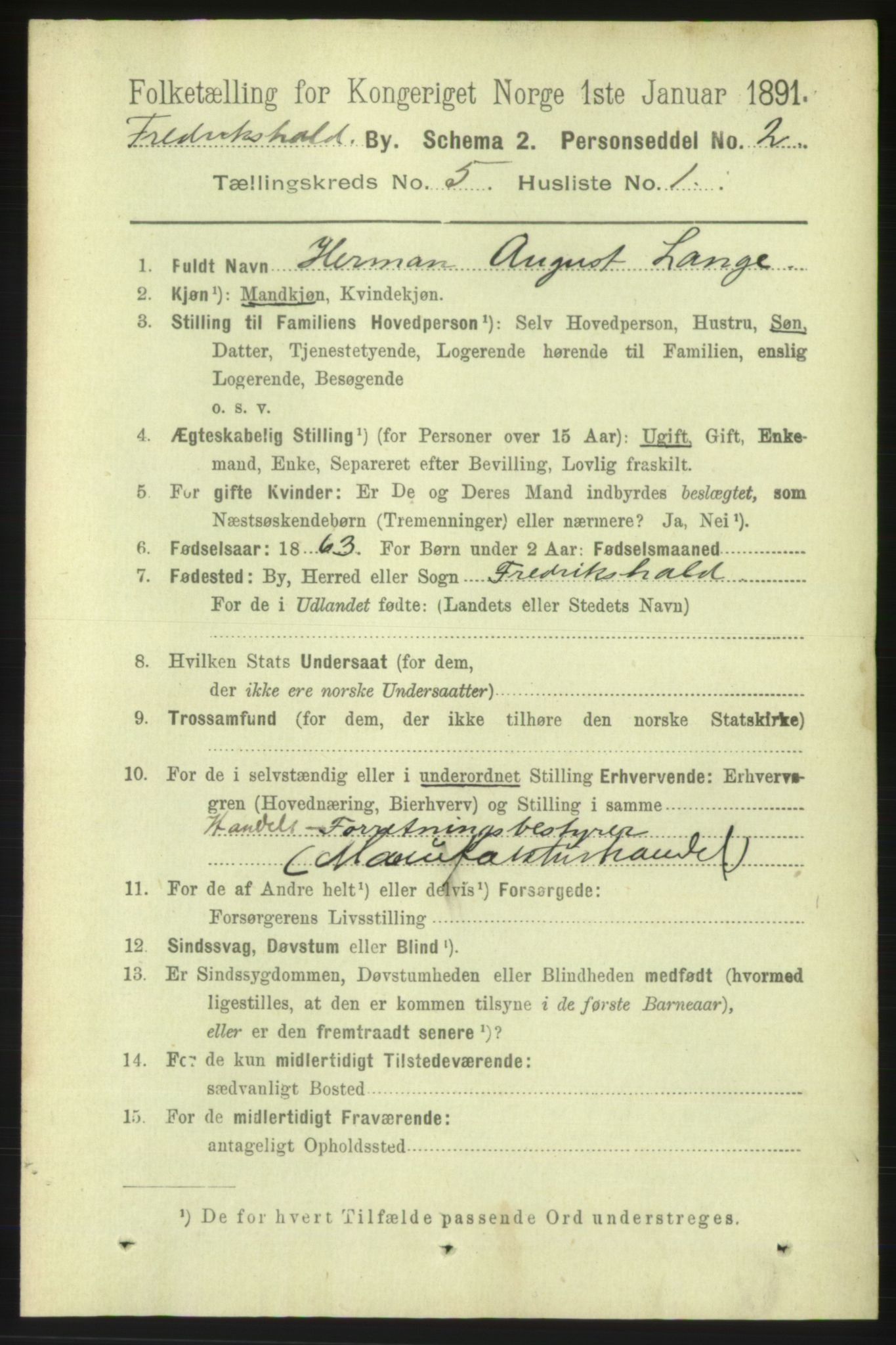 RA, 1891 census for 0101 Fredrikshald, 1891, p. 4053