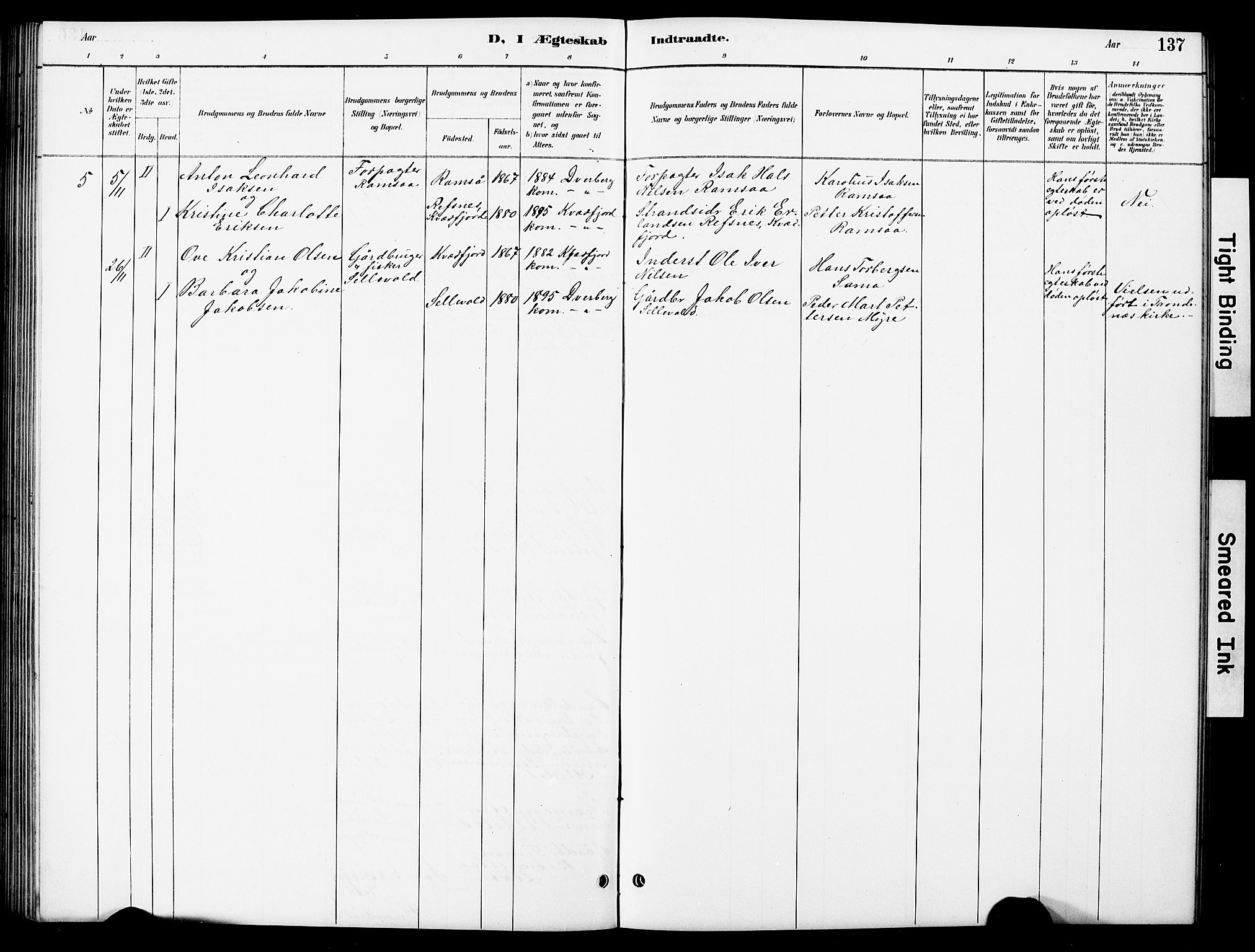 Ministerialprotokoller, klokkerbøker og fødselsregistre - Nordland, AV/SAT-A-1459/897/L1413: Parish register (copy) no. 897C03, 1887-1903, p. 137