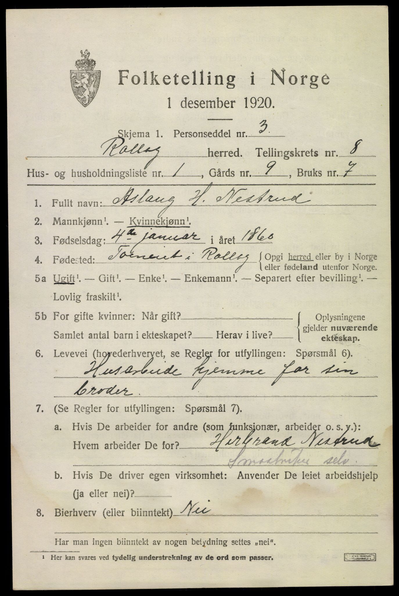 SAKO, 1920 census for Rollag, 1920, p. 2956