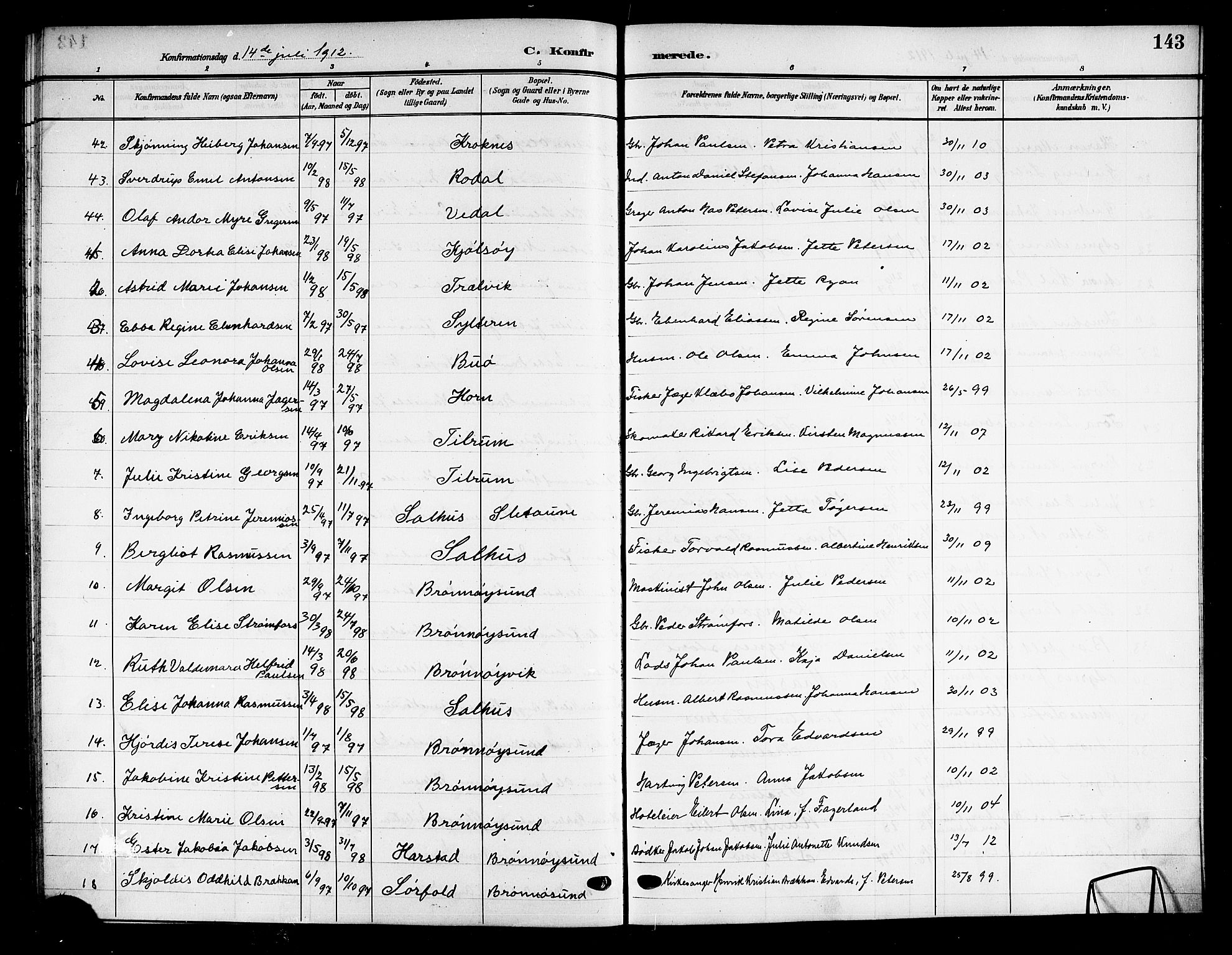 Ministerialprotokoller, klokkerbøker og fødselsregistre - Nordland, SAT/A-1459/813/L0214: Parish register (copy) no. 813C06, 1904-1917, p. 143