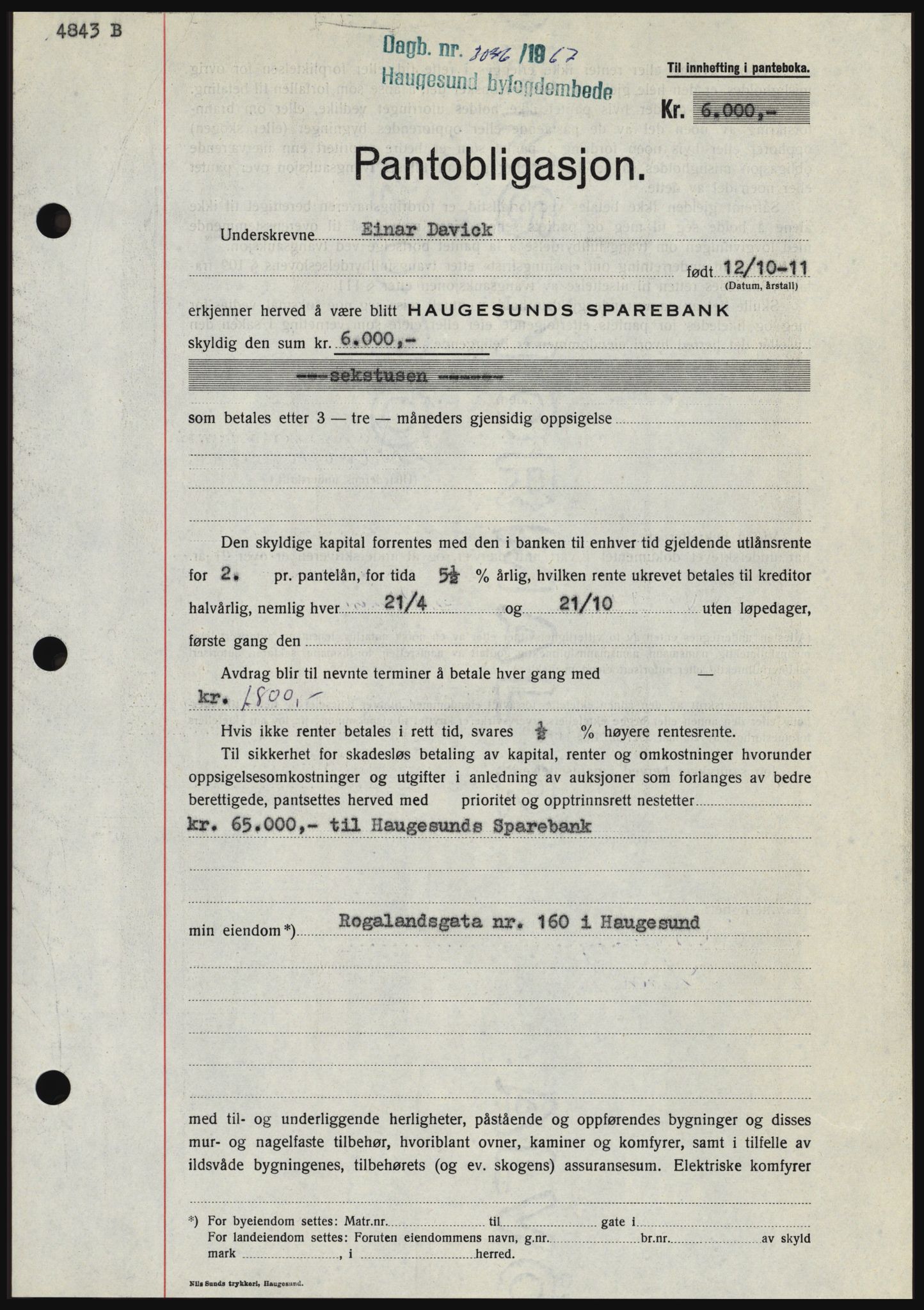 Haugesund tingrett, SAST/A-101415/01/II/IIC/L0058: Mortgage book no. B 58, 1967-1968, Diary no: : 3046/1967