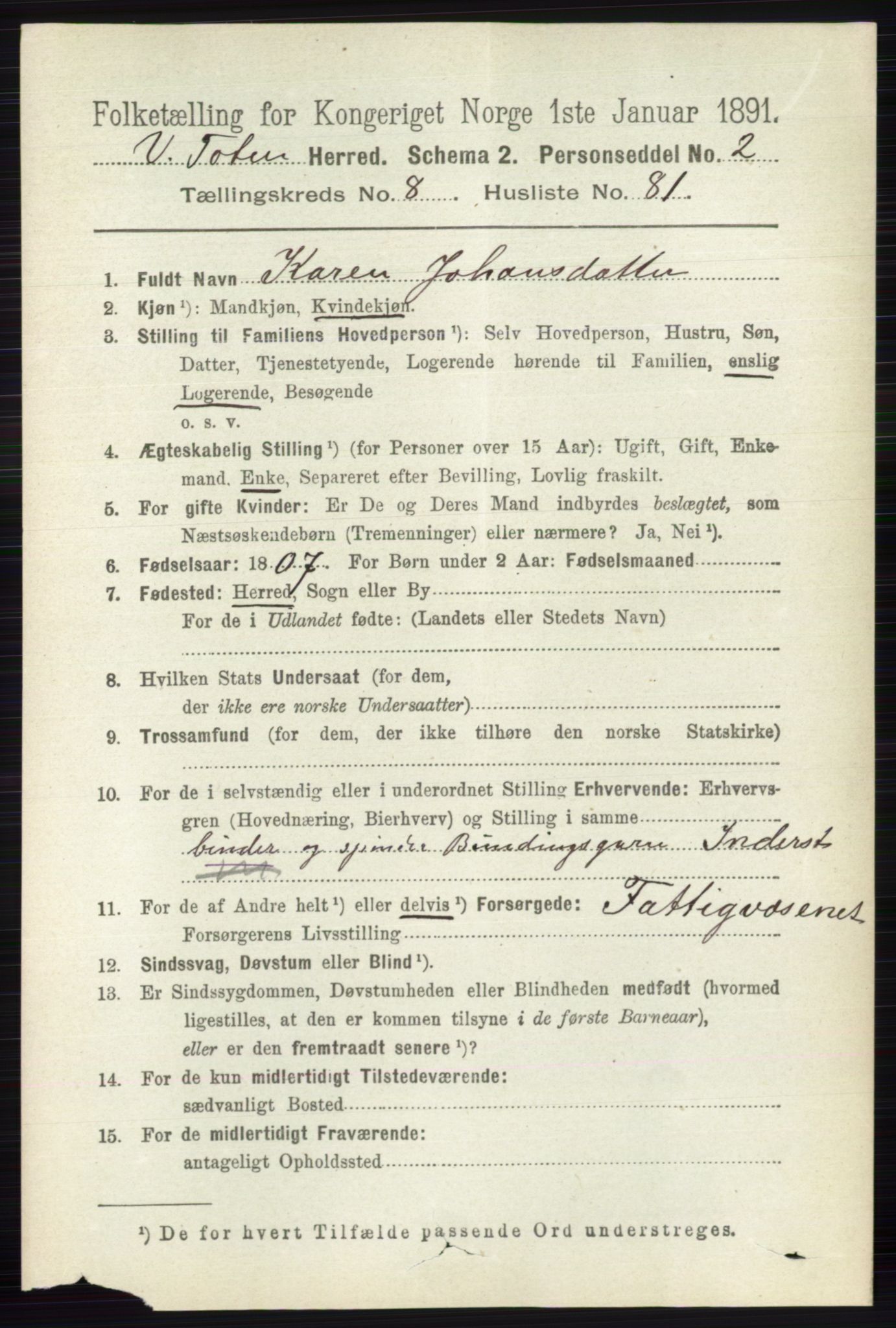 RA, 1891 census for 0529 Vestre Toten, 1891, p. 5447