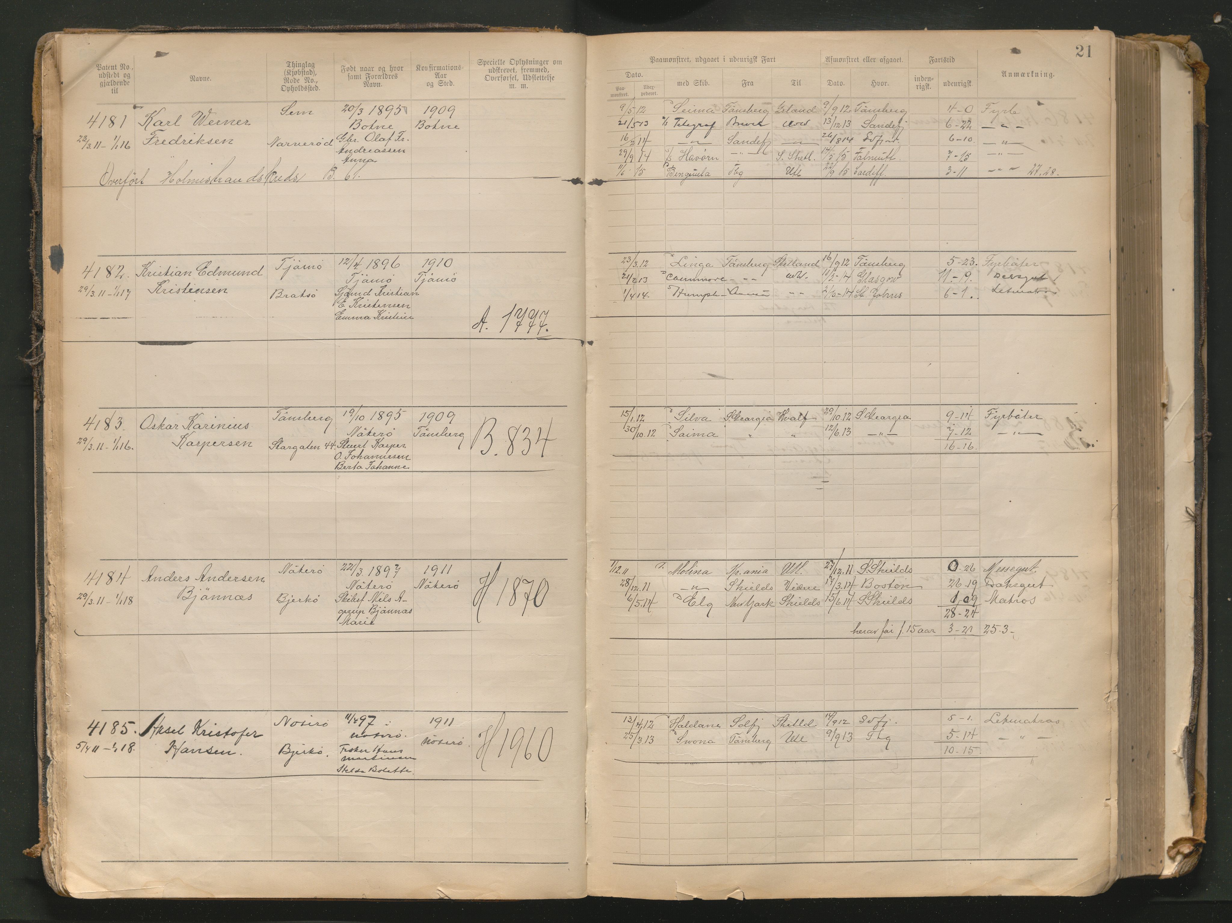 Tønsberg innrulleringskontor, AV/SAKO-A-786/F/Fb/L0010: Annotasjonsrulle Patent nr. 4081-4988, 1911-1948, p. 21