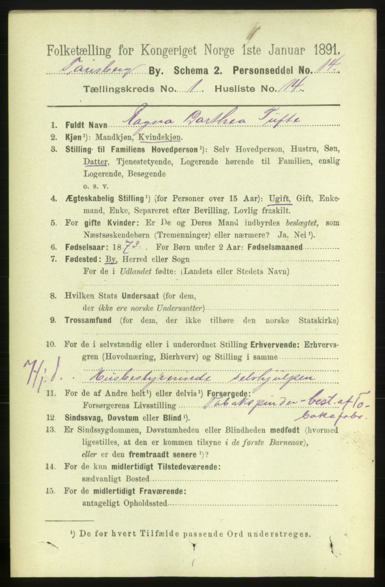 RA, 1891 census for 0705 Tønsberg, 1891, p. 1432