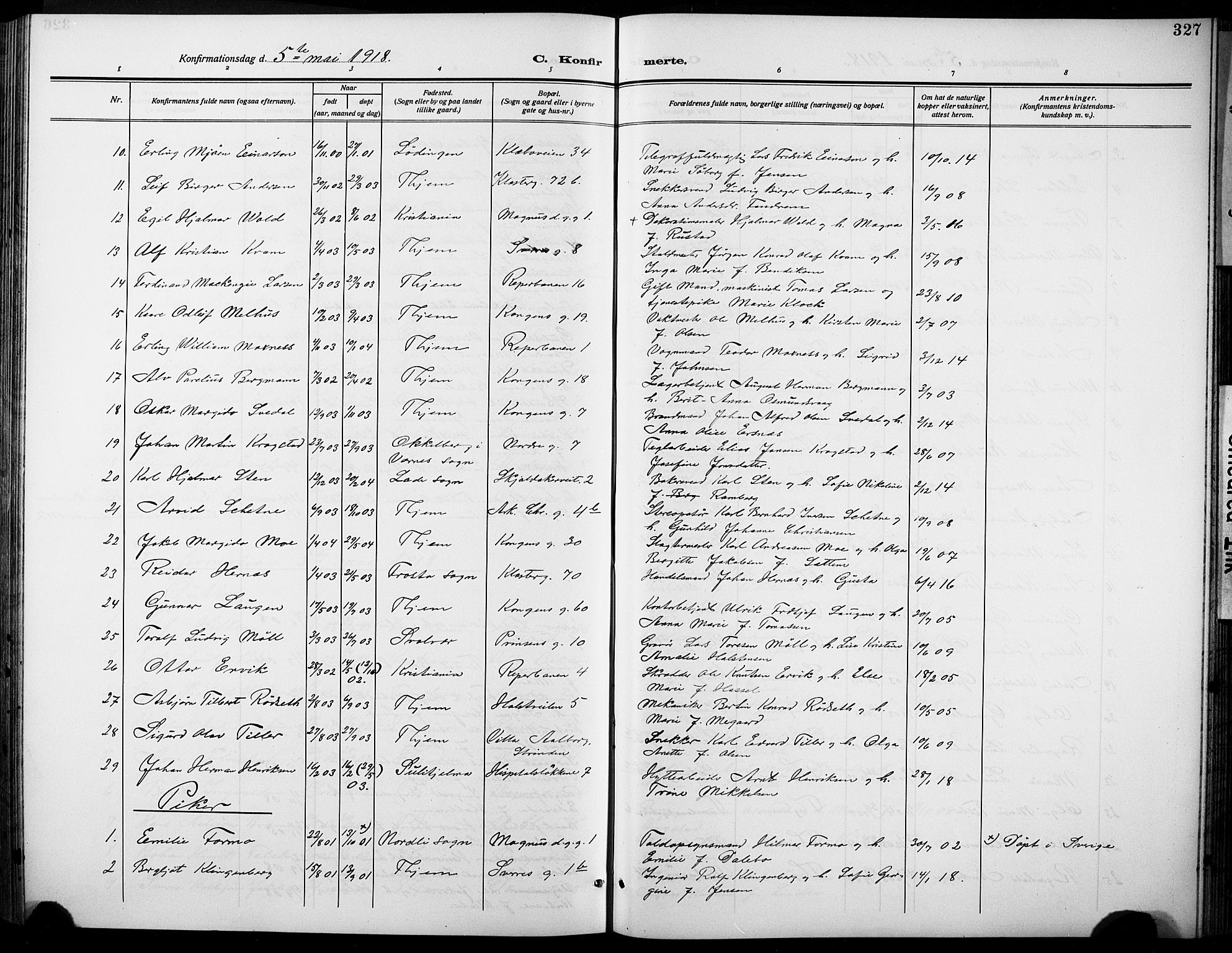 Ministerialprotokoller, klokkerbøker og fødselsregistre - Sør-Trøndelag, SAT/A-1456/601/L0096: Parish register (copy) no. 601C14, 1911-1931, p. 327
