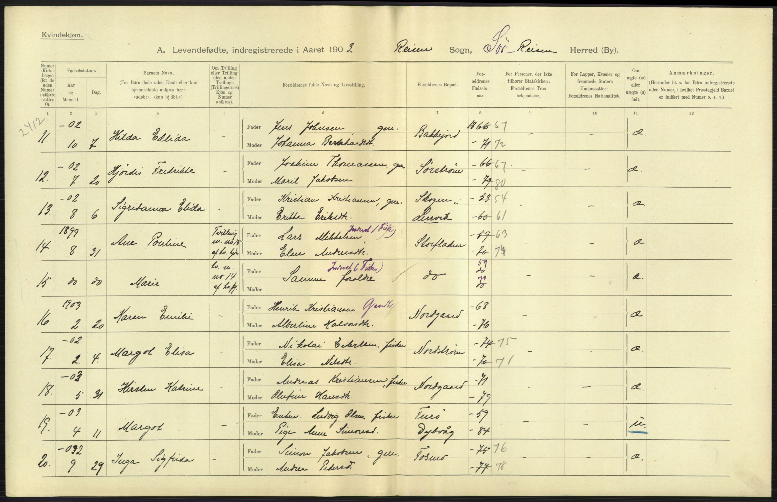 Statistisk sentralbyrå, Sosiodemografiske emner, Befolkning, AV/RA-S-2228/D/Df/Dfa/Dfaa/L0021: Tromsø amt: Fødte, gifte, døde., 1903, p. 7