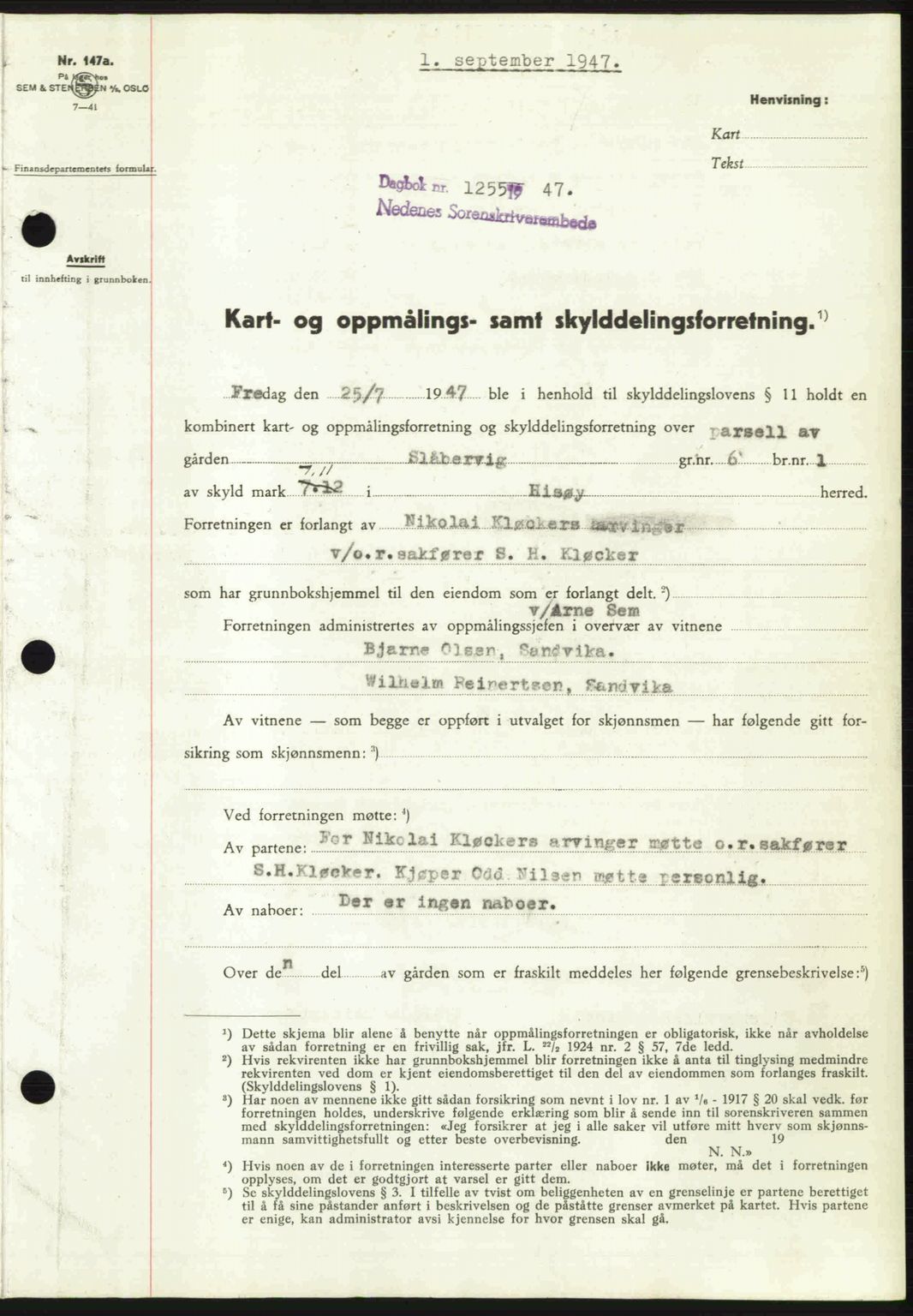 Nedenes sorenskriveri, SAK/1221-0006/G/Gb/Gba/L0058: Mortgage book no. A10, 1947-1948, Diary no: : 1255/1947