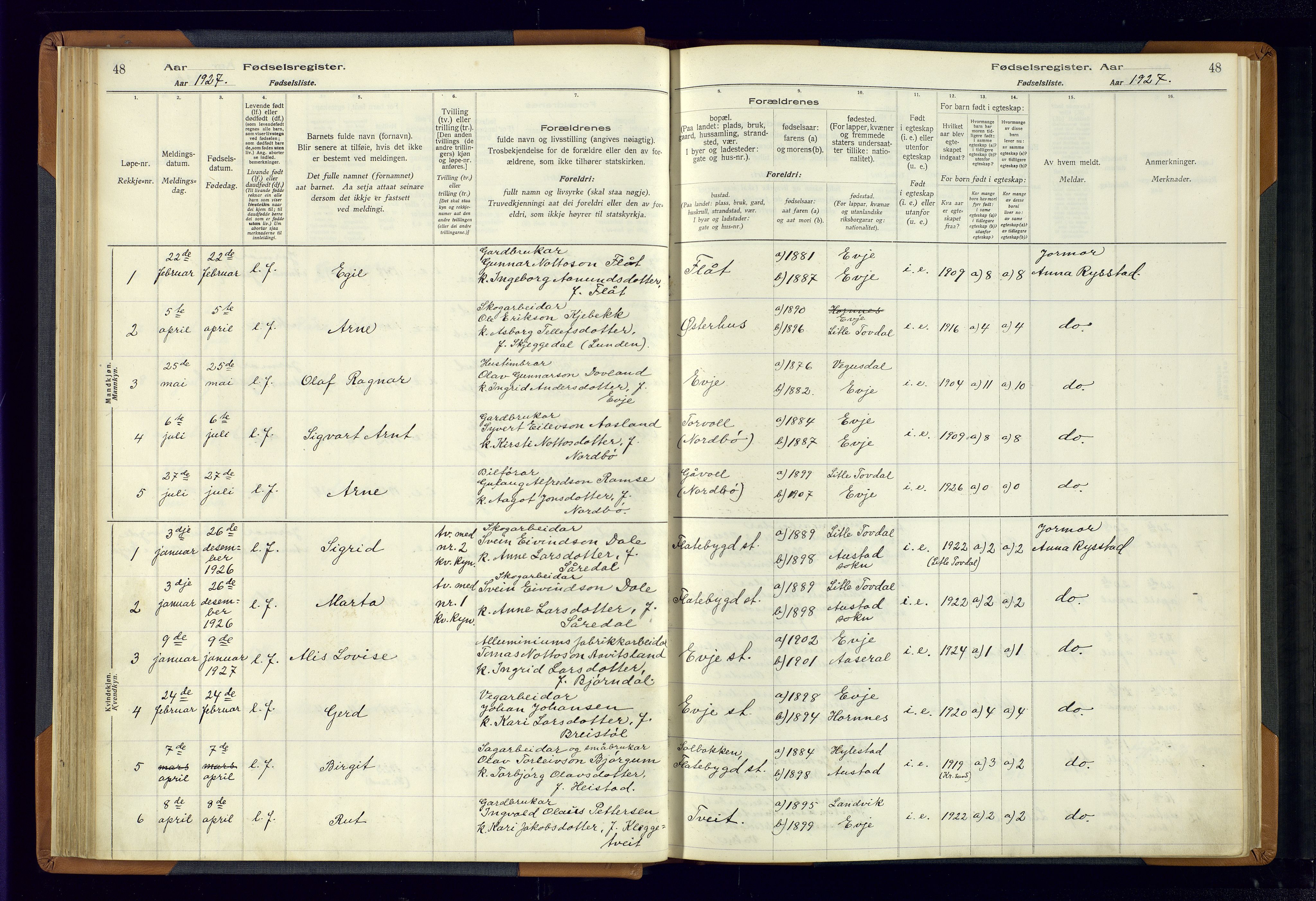 Evje sokneprestkontor, AV/SAK-1111-0008/J/Jc/L0004: Birth register no. 4, 1916-1968, p. 48