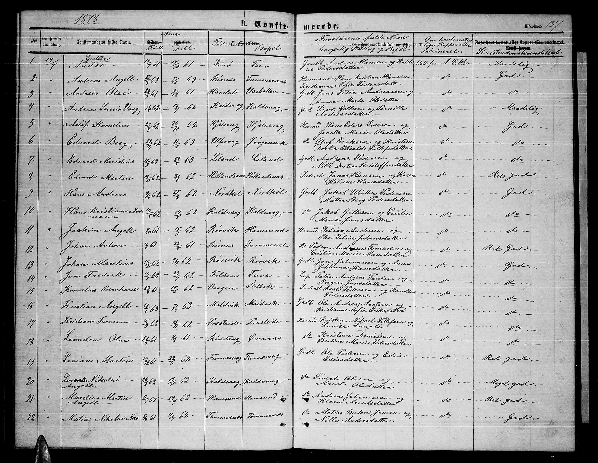Ministerialprotokoller, klokkerbøker og fødselsregistre - Nordland, AV/SAT-A-1459/859/L0858: Parish register (copy) no. 859C04, 1873-1886, p. 137