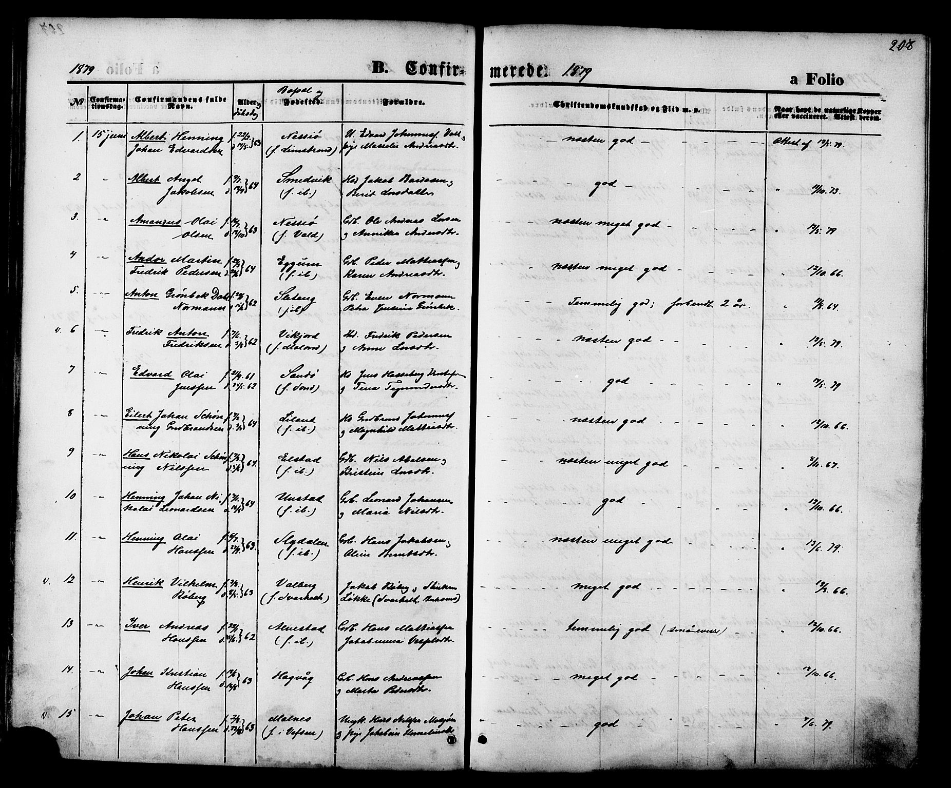 Ministerialprotokoller, klokkerbøker og fødselsregistre - Nordland, AV/SAT-A-1459/880/L1132: Parish register (official) no. 880A06, 1869-1887, p. 208