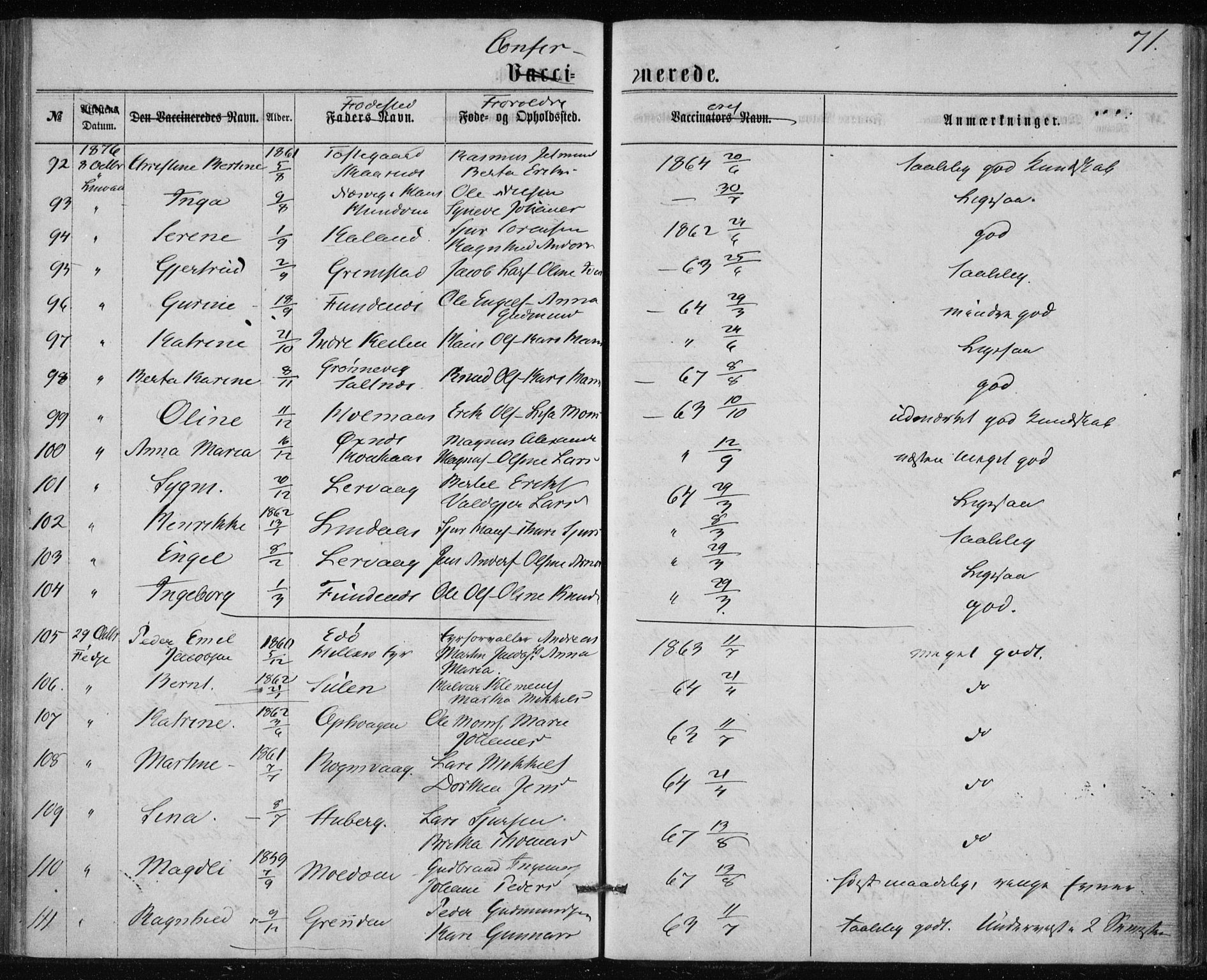 Lindås Sokneprestembete, AV/SAB-A-76701/H/Haa/Haaa/L0017: Parish register (official) no. A 17, 1874-1877, p. 71