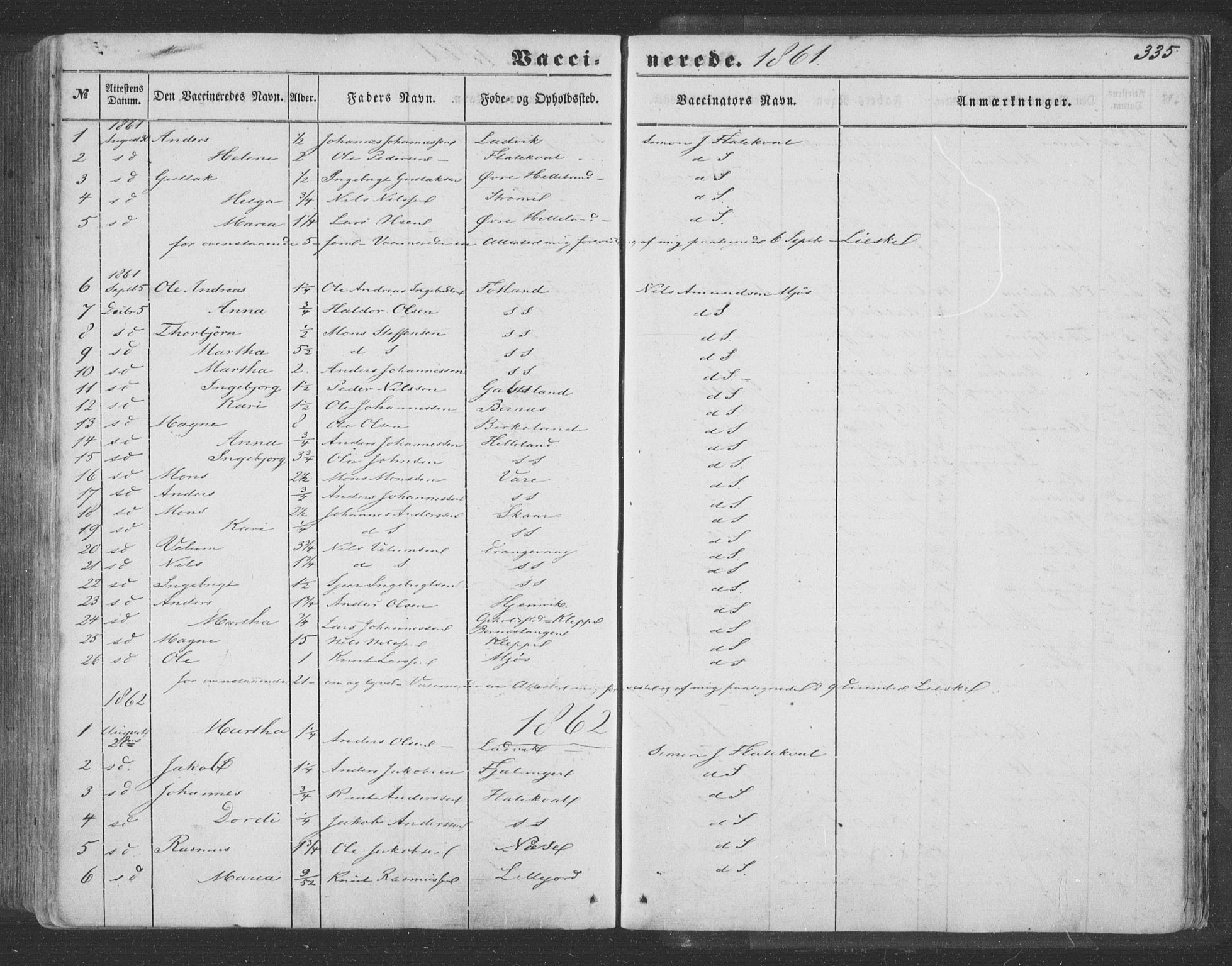 Hosanger sokneprestembete, SAB/A-75801/H/Haa: Parish register (official) no. A 8, 1849-1863, p. 335