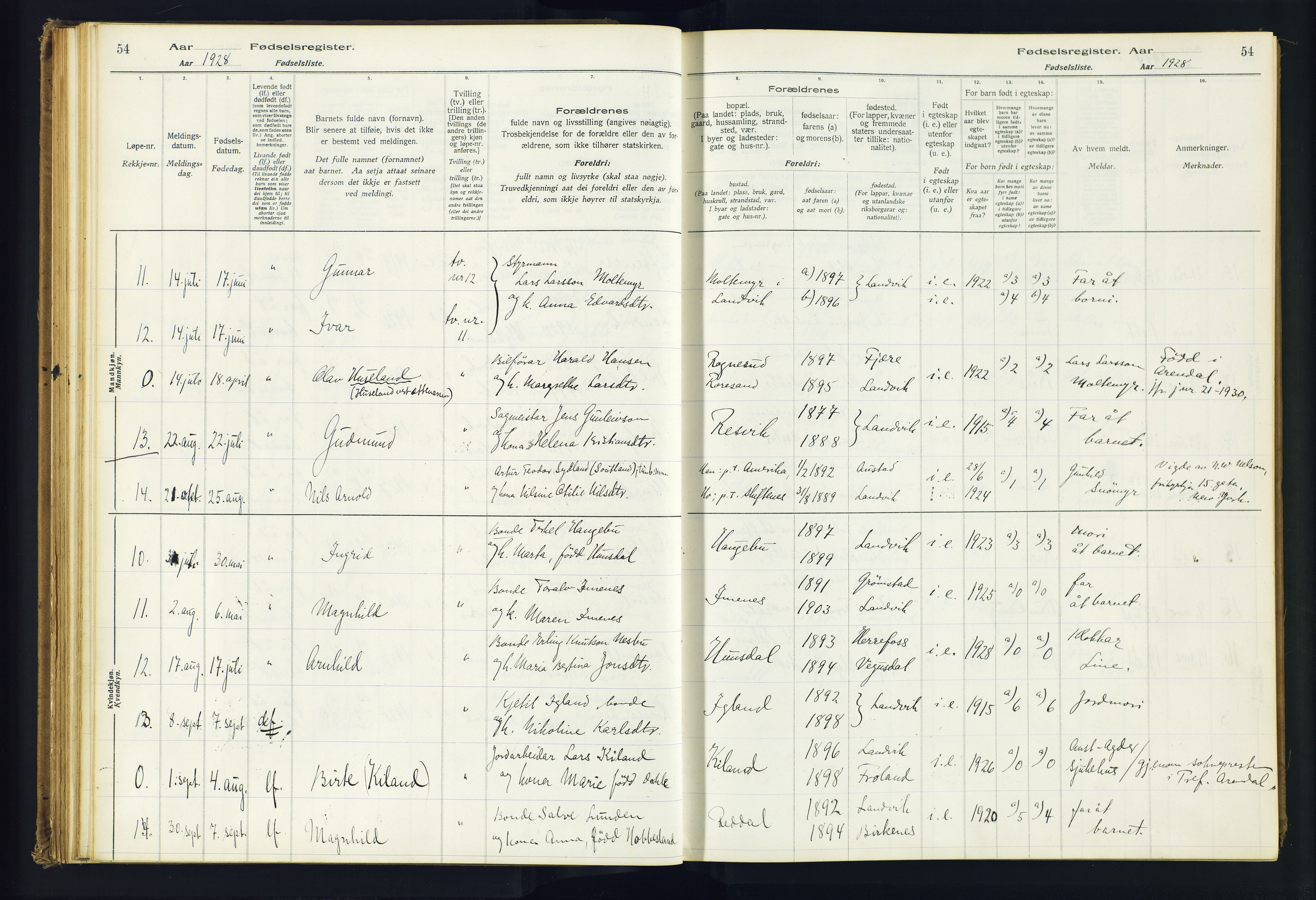 Hommedal sokneprestkontor, AV/SAK-1111-0023/J/Jd/L0001: Birth register no. 1, 1916-1962, p. 54