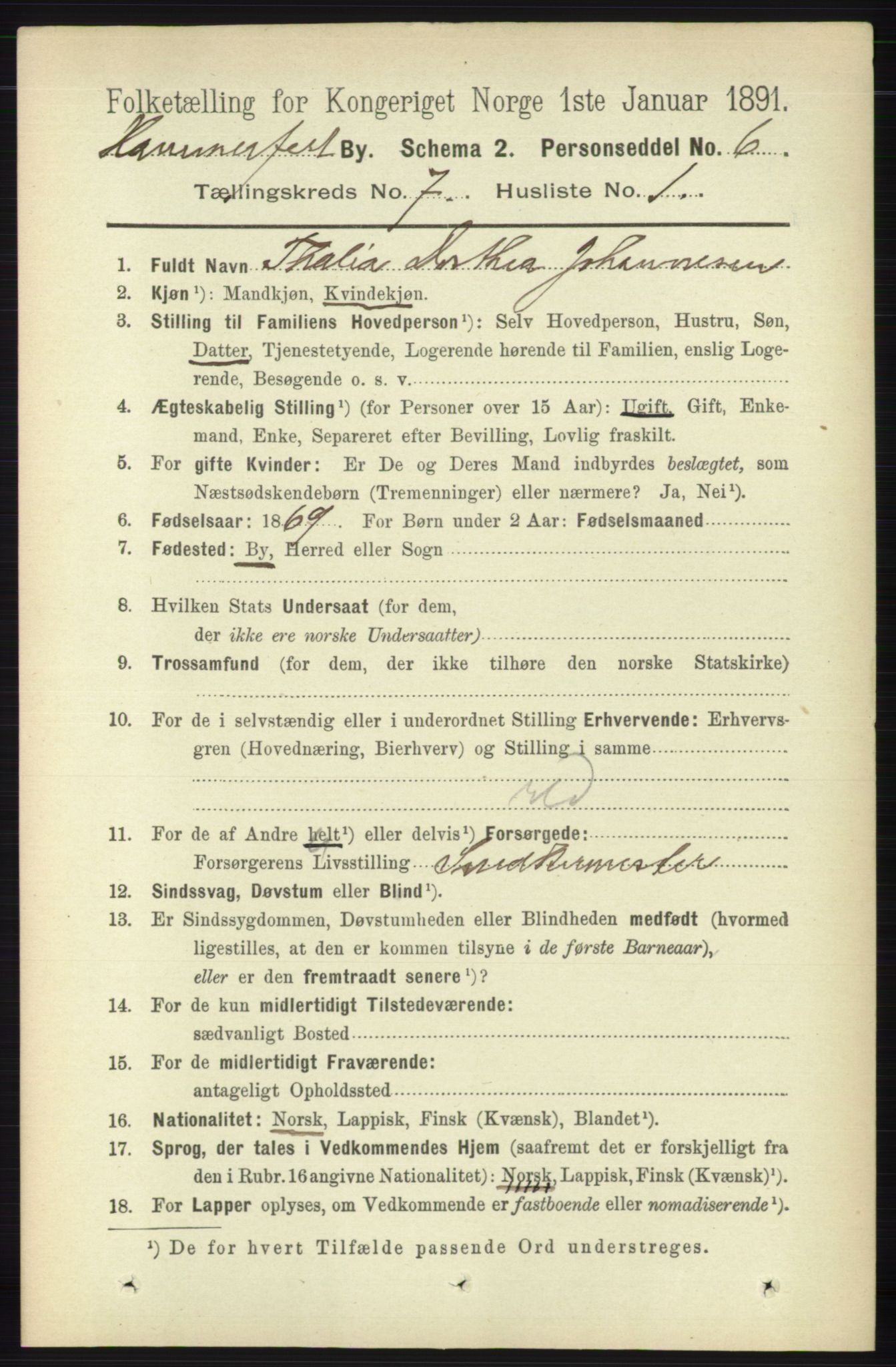 RA, 1891 census for 2001 Hammerfest, 1891, p. 2292