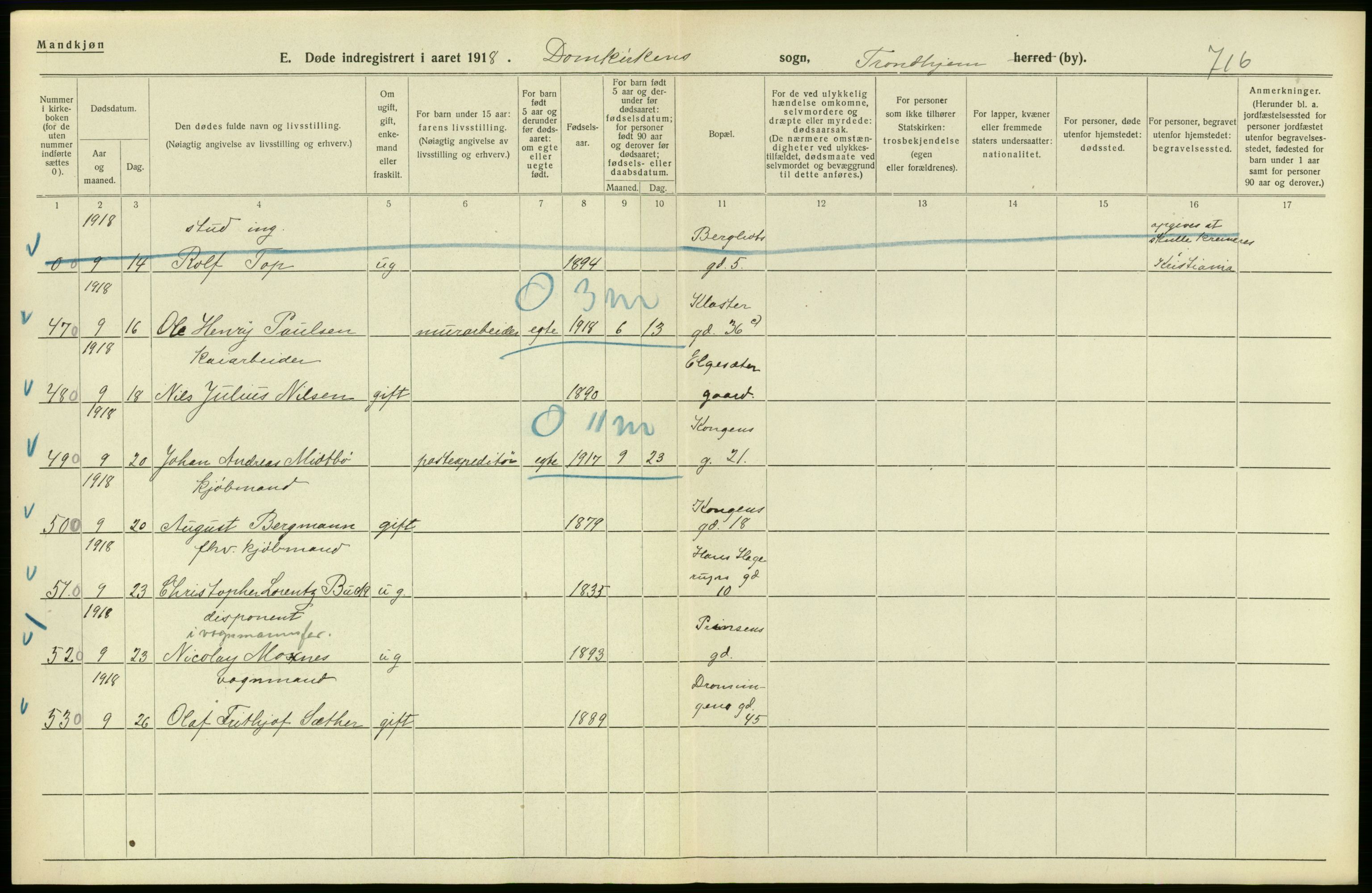 Statistisk sentralbyrå, Sosiodemografiske emner, Befolkning, AV/RA-S-2228/D/Df/Dfb/Dfbh/L0049: Trondheim: Døde, dødfødte., 1918, p. 24