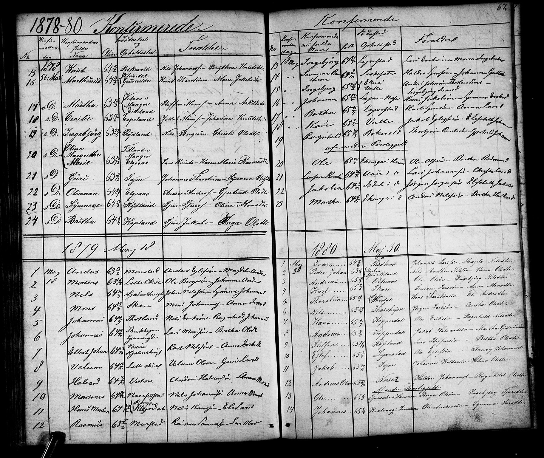 Alversund Sokneprestembete, SAB/A-73901/H/Ha/Hab: Parish register (copy) no. D 2, 1851-1889, p. 67