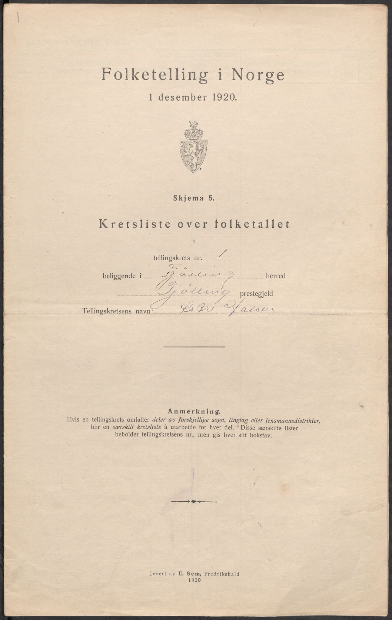 SAKO, 1920 census for Tjølling, 1920, p. 5