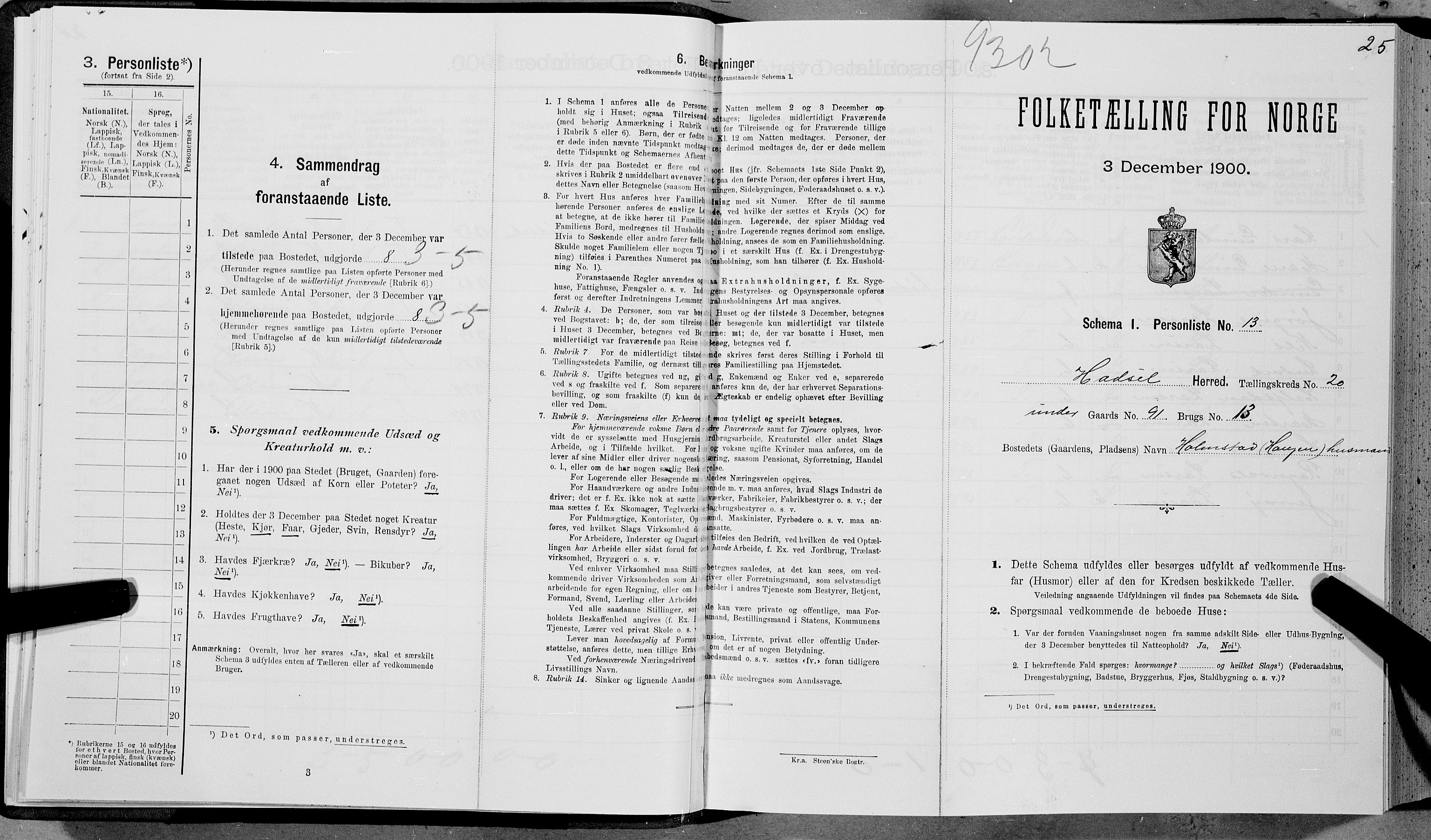 SAT, 1900 census for Hadsel, 1900, p. 1920