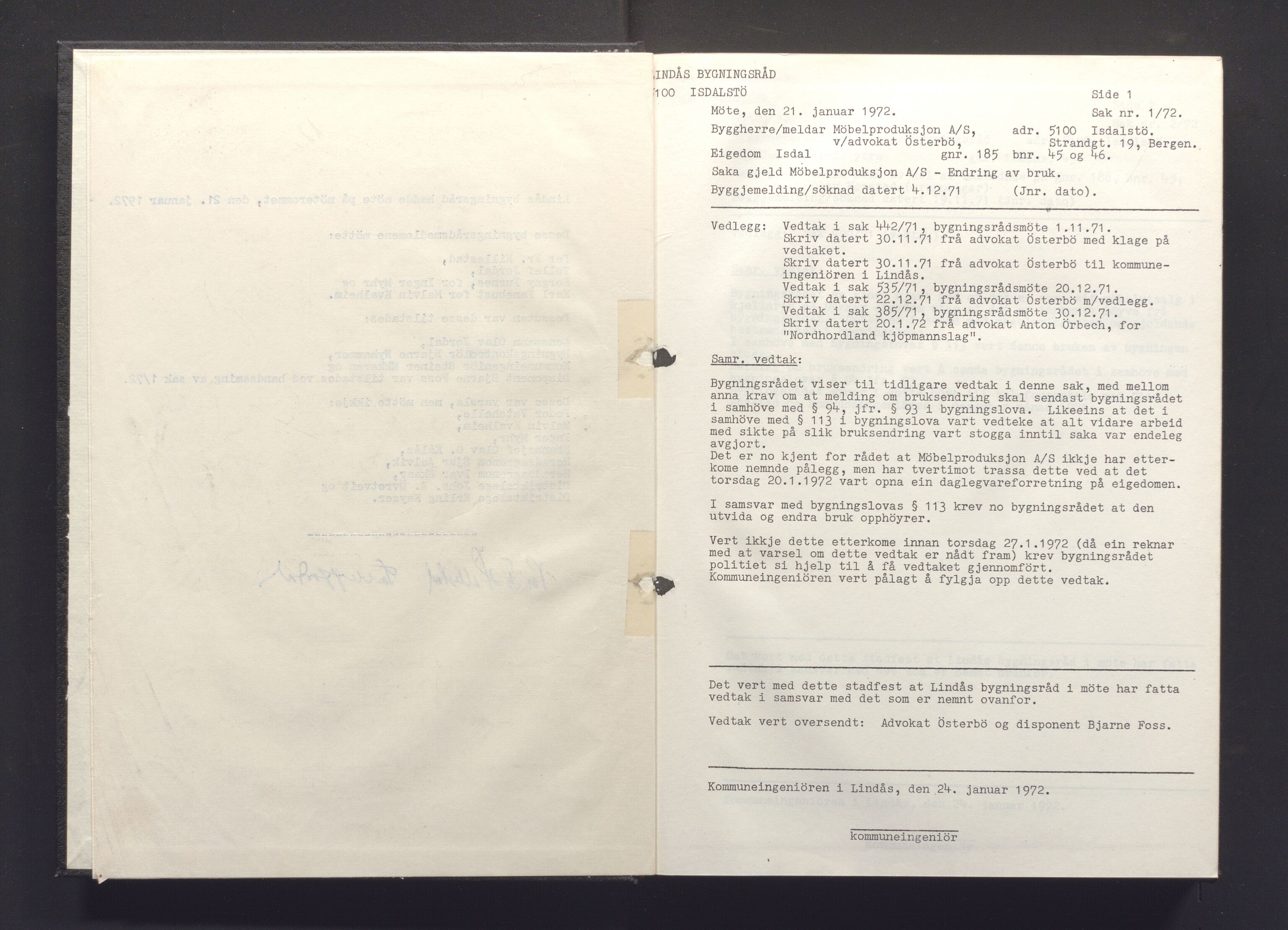 Lindås kommune. Bygningsrådet, IKAH/1263-511/A/Aa/L0009: Møtebok for Lindås bygningsråd, 1972